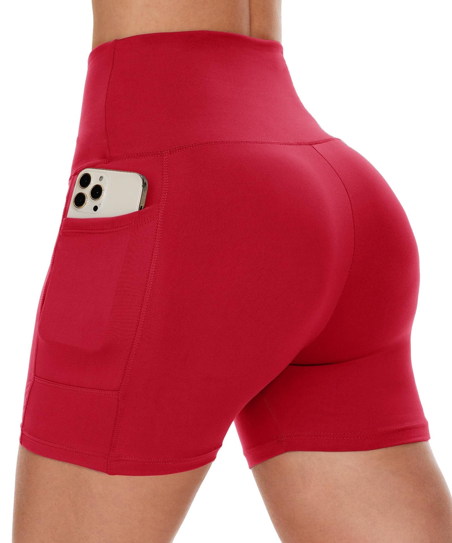 CAMPSNAIL Biker Shorts Women with Pockets - 3"/5"/8" High Waisted Workout Spandex Tummy Control Gym Running Yoga Shorts Red