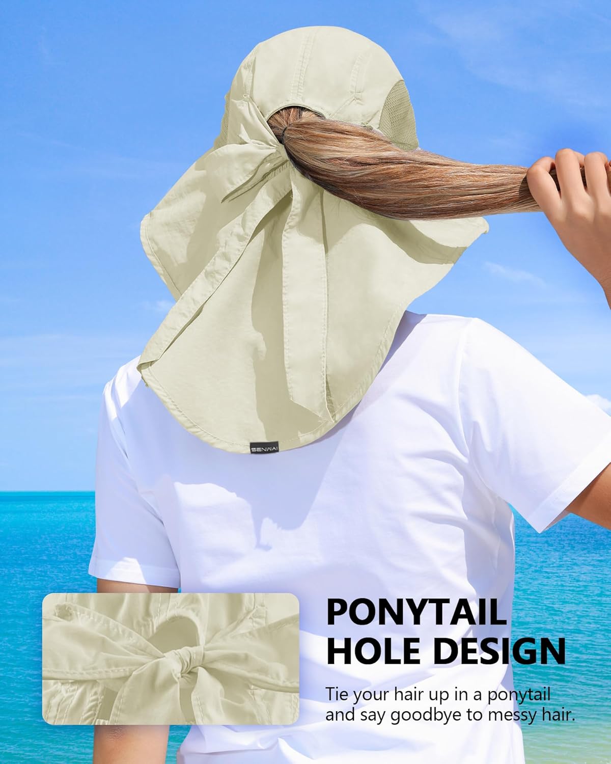 Women's UV Protection Sun Hat - Wide Brim Fishing Hat with Ponytail Hole & Neck Flap | Ideal for Beach, Hiking, Camping