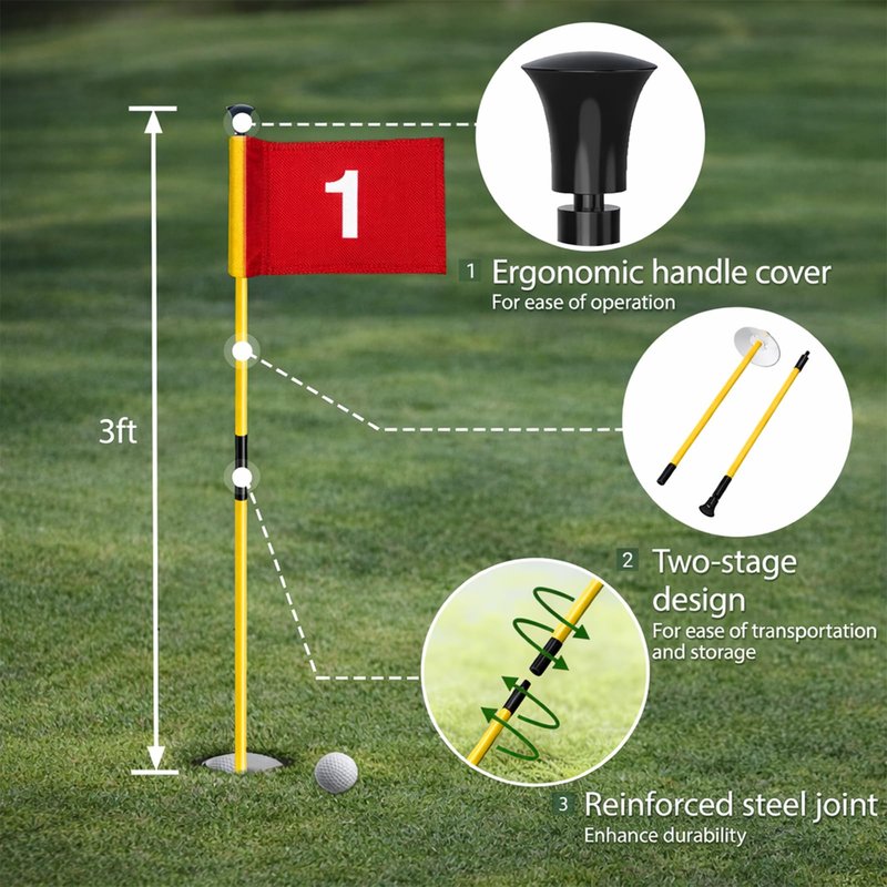 Golf Flagstick with Ball Retrieval Base - Portable Putting Green Flag Stick for Yard, Practice Green, Club, Driving Range, 3FT Height, 5 Pcs (Yellow)