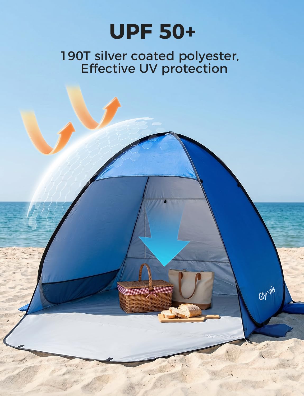 Glymnis Pop Up Beach Tent Instant Portable Sun Shade Shelter (L) 3-4 Persons UPF 50+ with Extendable Floor Zipper Door Automatic Easy Up Tent