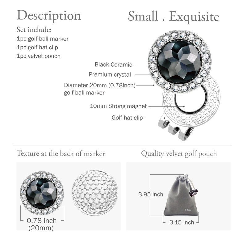 E TRUEE Golf Ball Marker Hat Clip with Ceramic Crystal Ball Marker (20mm Small Size) Gifts Accessories for Golfers