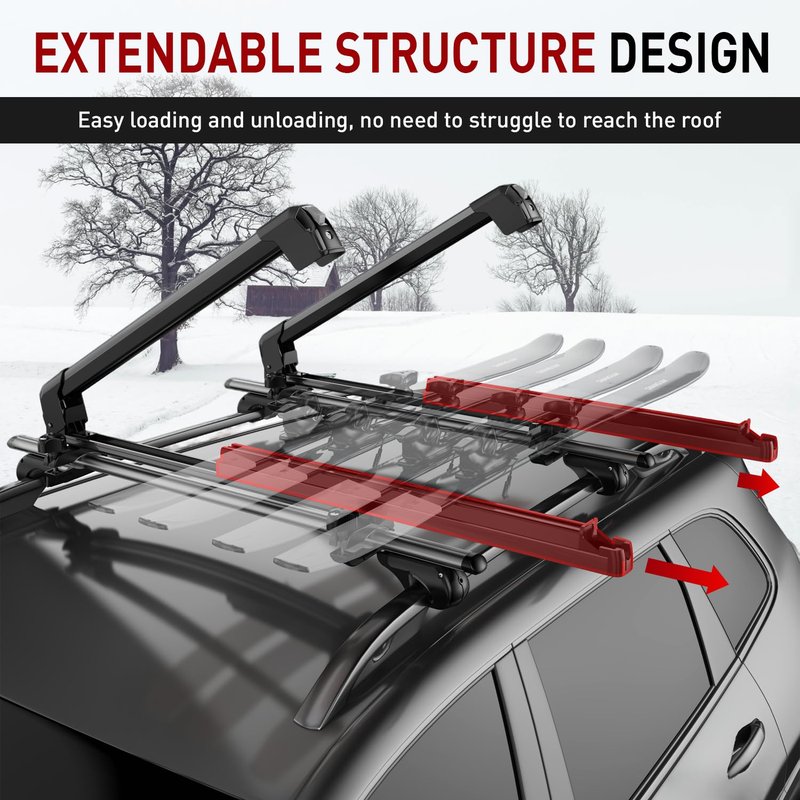 CRINDAR Ski & Snowboard Rack for Car Roof, Fishing Rod Rack, 27.5'' Loading Width Fits 6 Pairs of Skis or 4 Snowboards, Aluminum Roof Rack with Lock & Rubber Padding