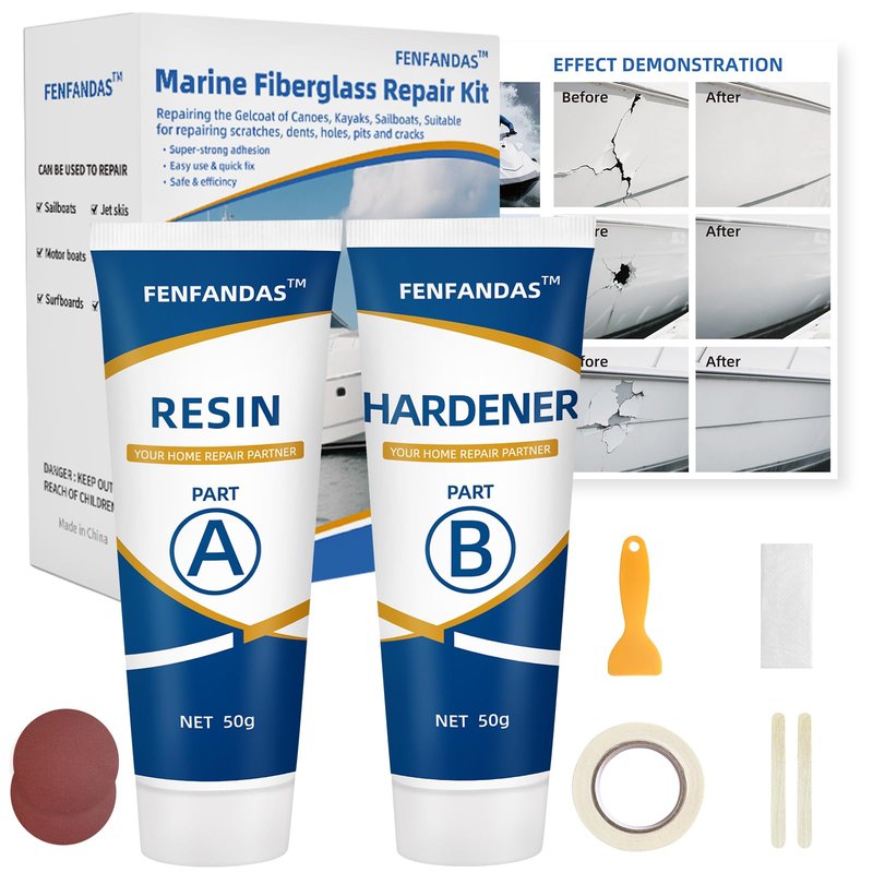 FENFANDAS Fiberglass Boat Repair Kit White, Gel Coat Repair Kit for Boats, Marine Fiberglass Repair Kit for Boats, Epoxy Filler for Boats, Fiberglass Repair Kit Fix Holes Chips Pits Cracks