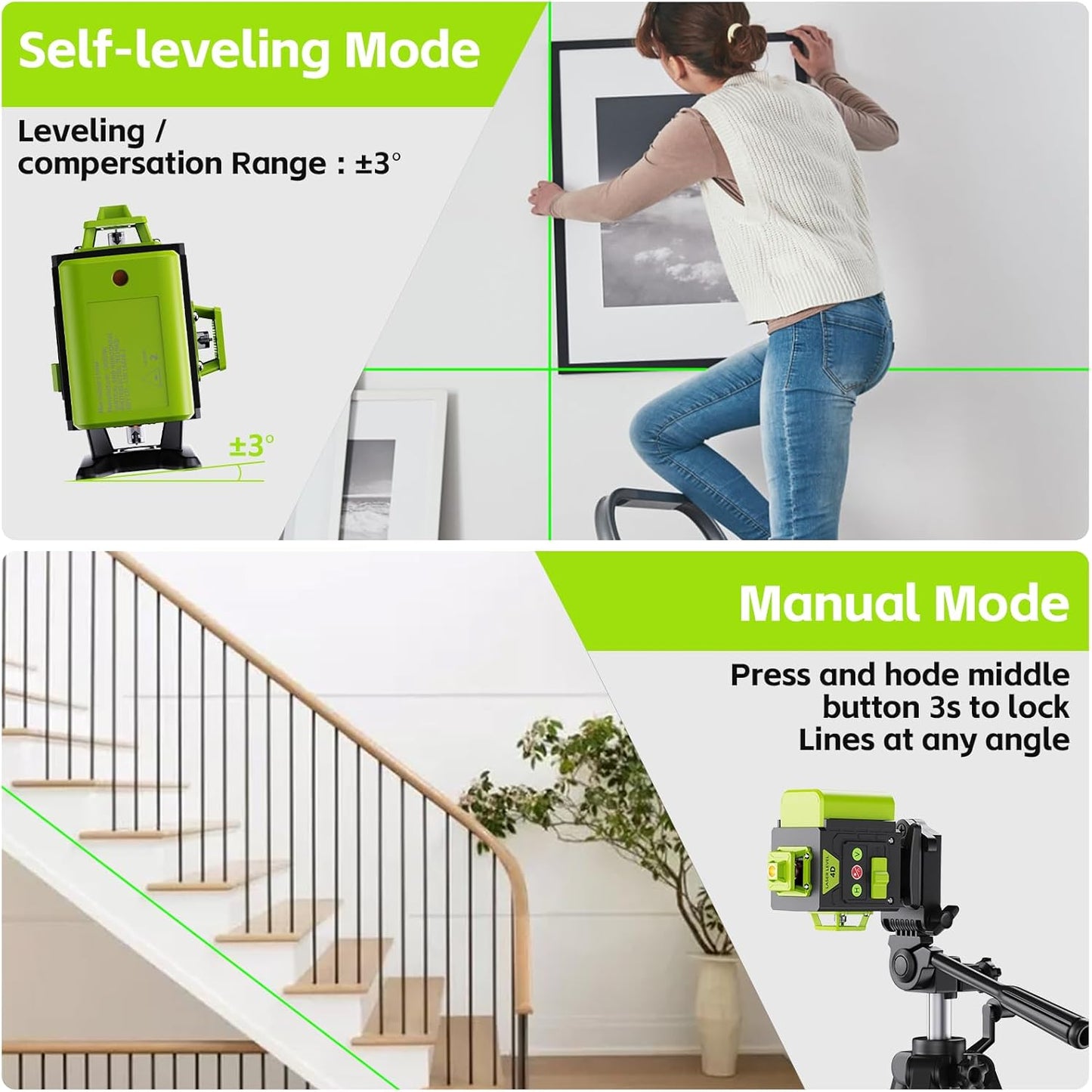 16 Line Laser Level - 360° Self-Leveling Green Laser Tool for Picture Hanging & Construction | Includes 2 Batteries, Magnetic Bracket, Remote Control