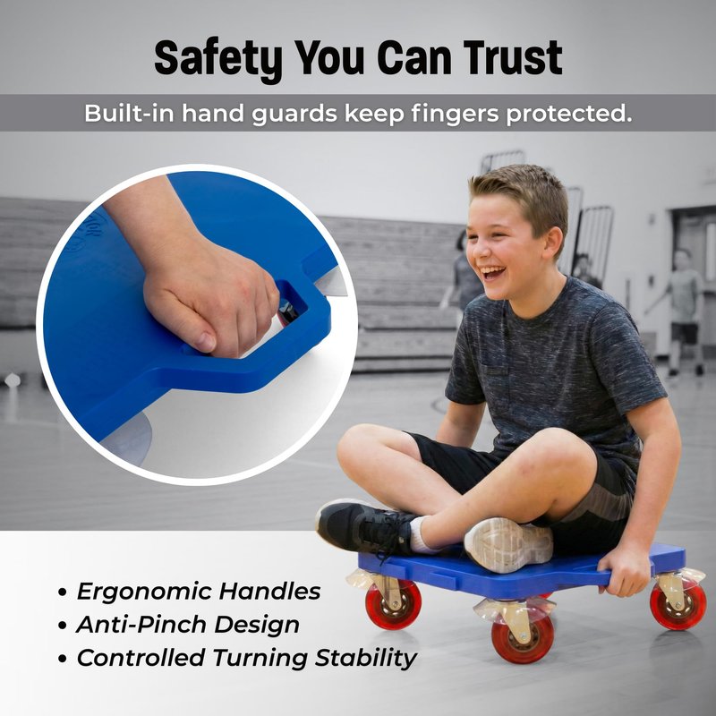 Fast Trak 16.5" Scooter Board with Safety Handles, Durable Non-Marking Wheels, Indoor/Outdoor Floor Scooter, Sit-On Design for PE Class, Therapy, Gym or Home Use, Single Board, Blue