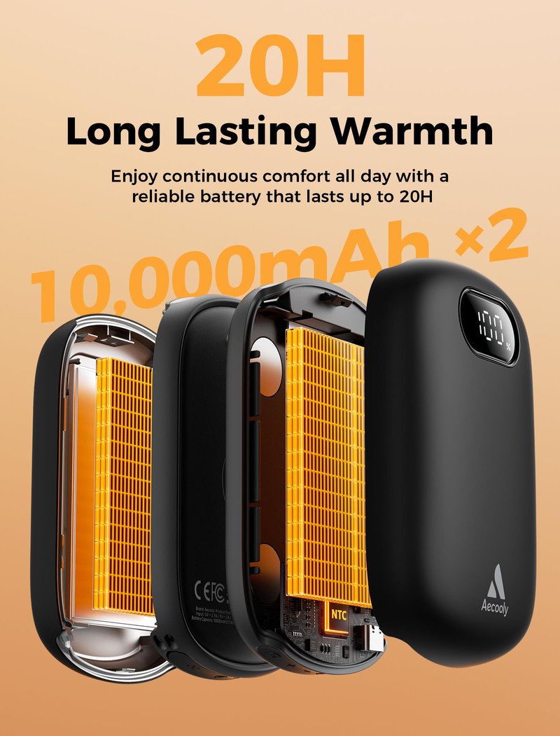 Aecooly 20000mAh Hand Warmers Rechargeable 2 Pack | ±0.5°F Precision | 72-Level Smart Heating | 13.5in Full-Surface Heater | Magnetic Electric Handwarmers, Gifts for Christmas, Camping, Hunting, Golf