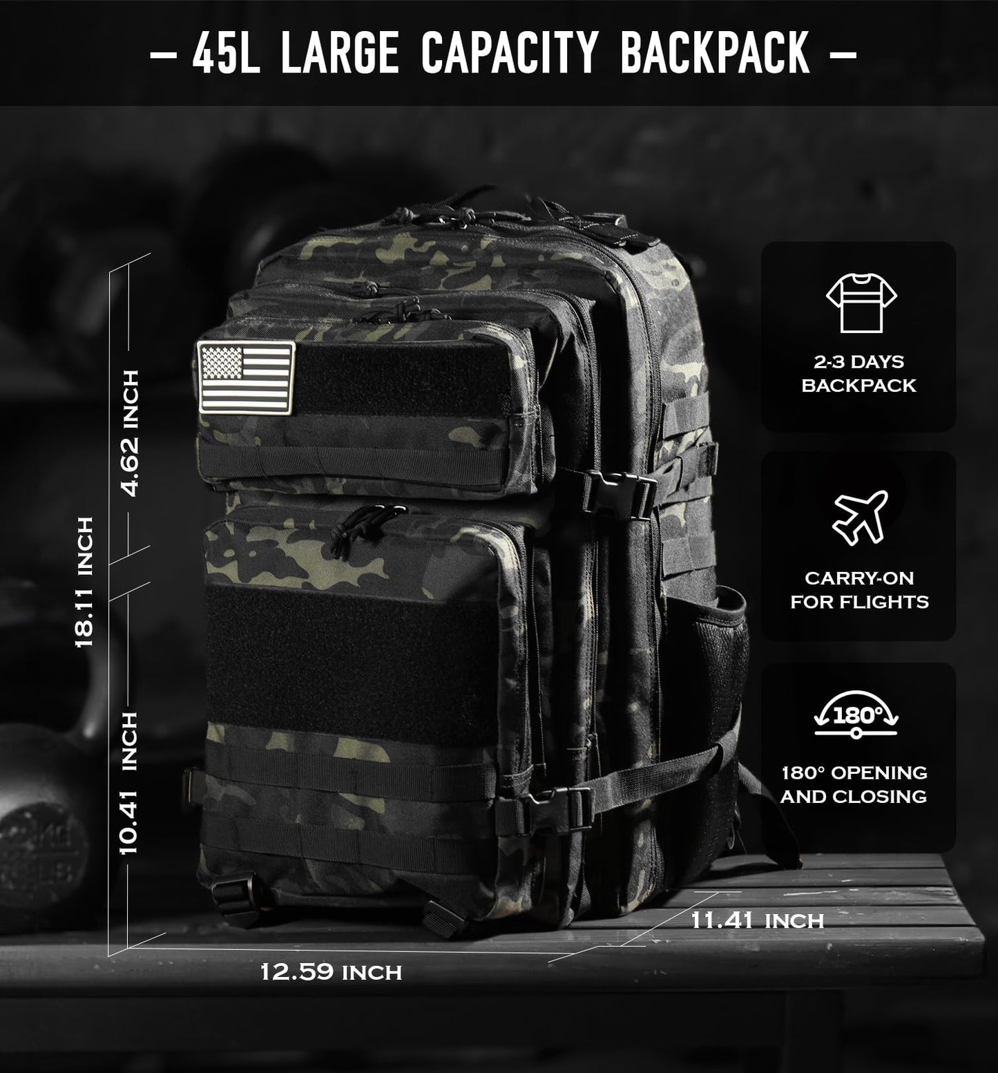 Saboos 45L Tactical Military Backpack for Men Gym Backpack Camping Travel Work Fitness Large Rucksack Black CP