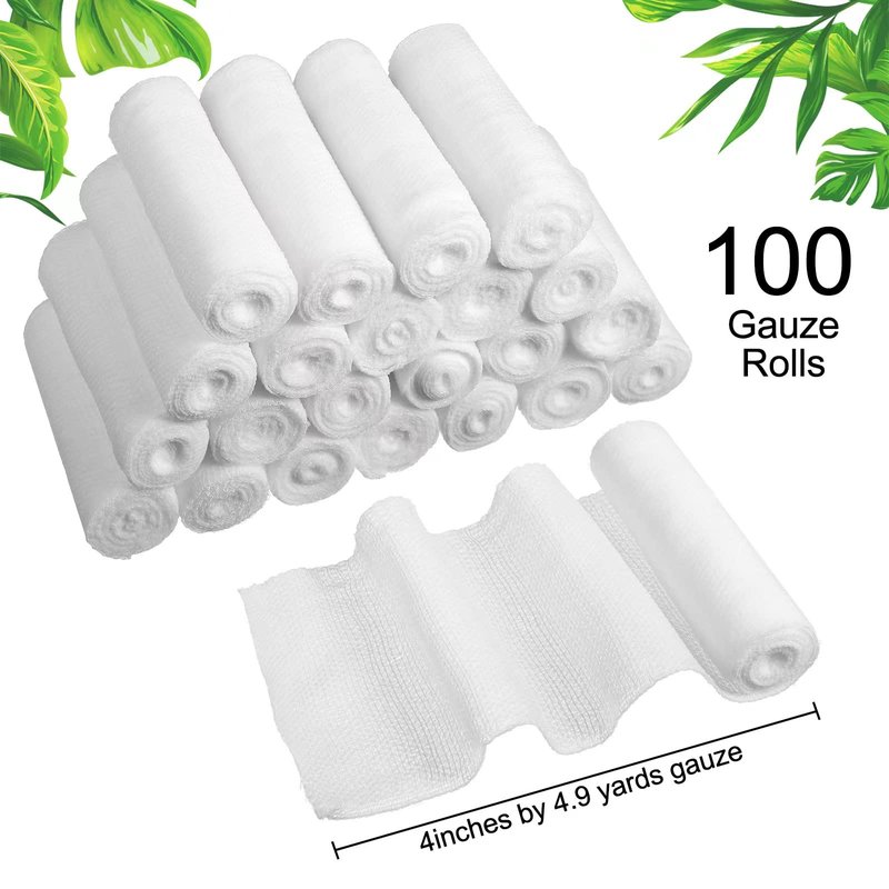 Treela 100 Rolls Gauze Bandage, 4 in x 5 Yards, Elastic Bandages Individual Packaging Non Latex First Aid Pads Breathable Gauze Roll Wrap for Safety Wound Caring and Supplies