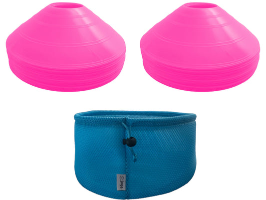 justjogo Agility Training Cones 30-Pack, Round Mesh Carry Bag, Sports Practice, Workout Equipment (Blue Bag and Pink Cones)