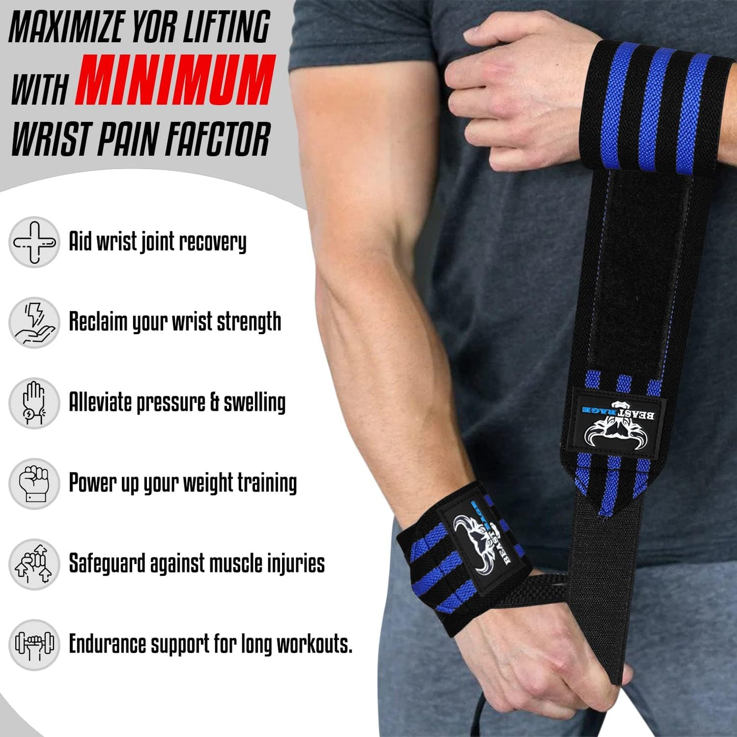 BEAST RAGE Wrist Wraps for Weightlifting - Adjustable Lifting Straps with Thumb Loop for Enhanced Support | Ideal for Powerlifting and Bodybuilding