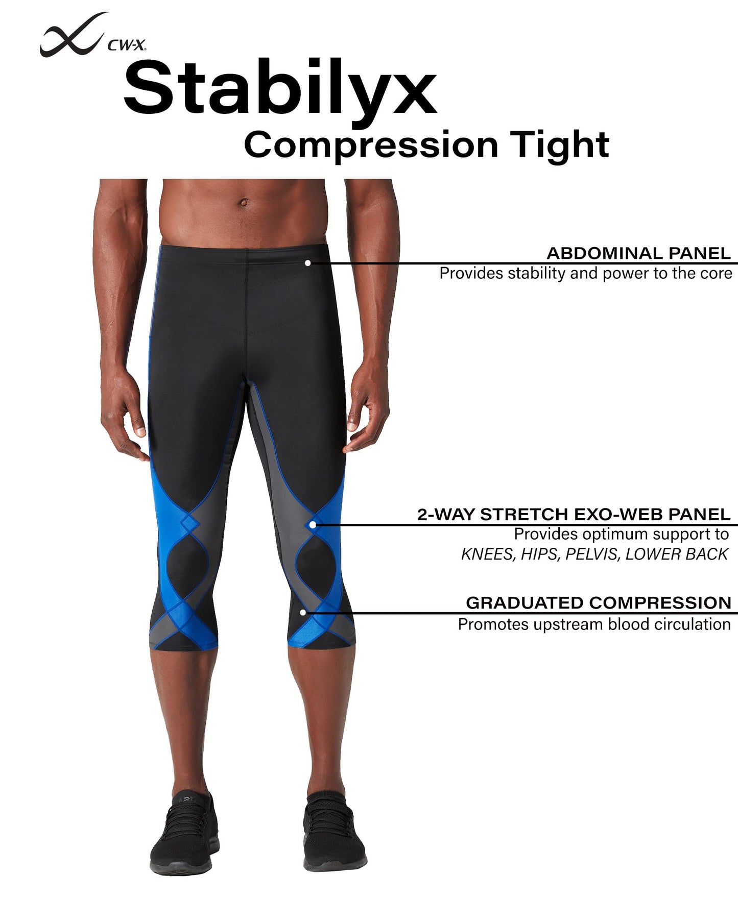 CW-X Men's Stabilyx Joint Support 3/4 Compression Tight, Black/Grey/Blue, Small