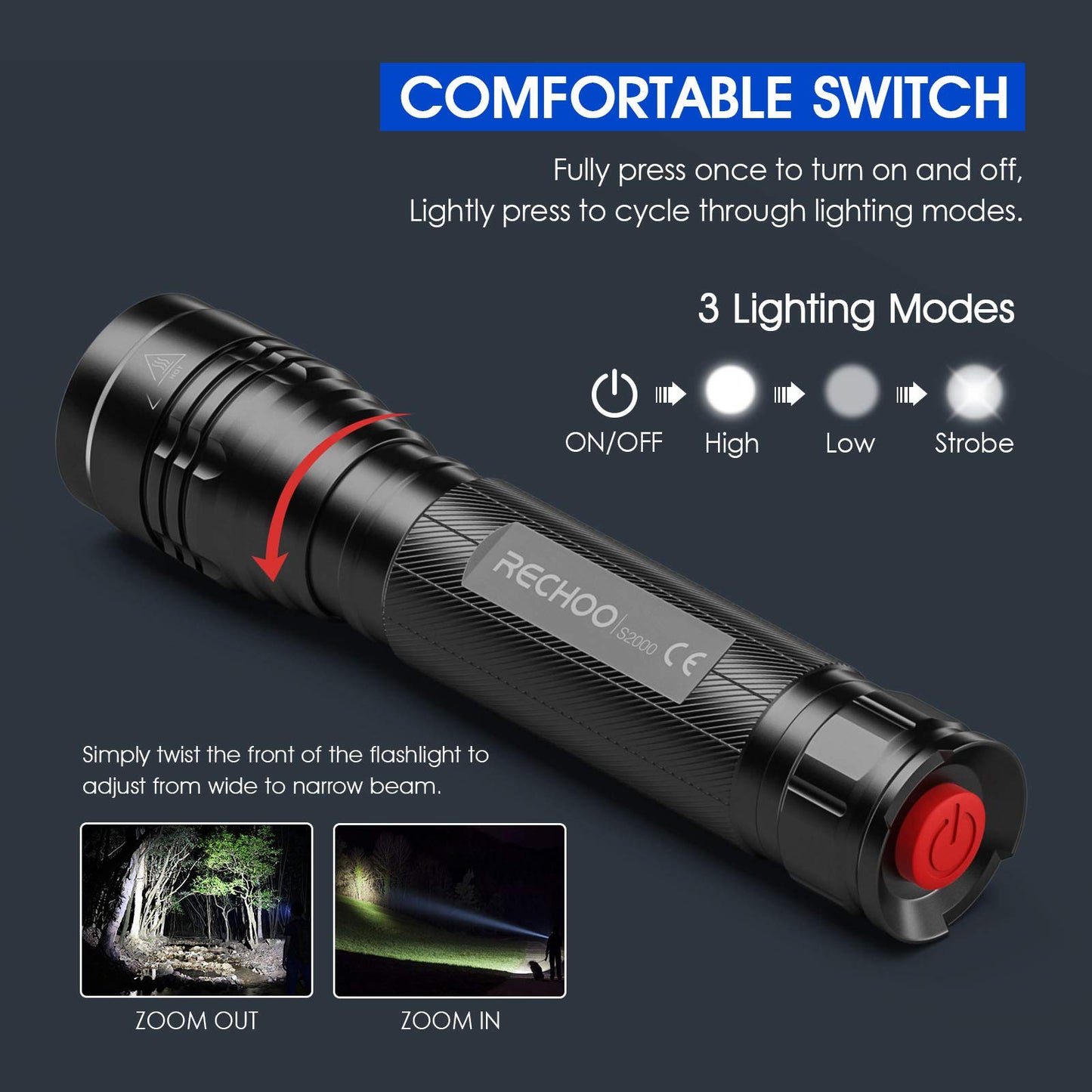 RECHOO High-Powered LED Flashlight S2000, Upgraded Powerful 2000 High Lumens Flashlights with 3 Modes, Zoomable, Water Resistant Flash Light for Home, Camping, Emergency, Hiking, Outdoor