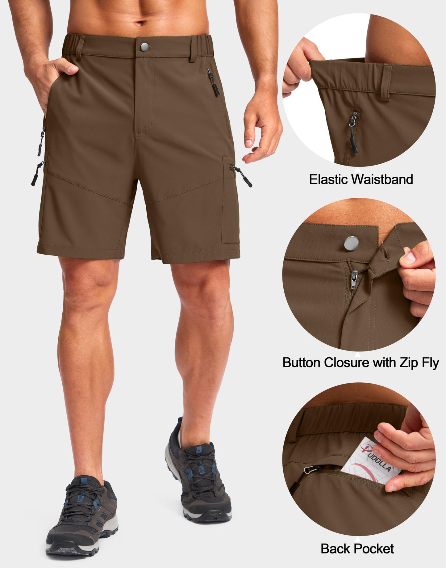 Pudolla Men's Hiking Cargo Shorts Lightweight 7" Travel Casual Shorts for Men Golf Work Outdoor with 5 Zipper Pockets(Brown Large)