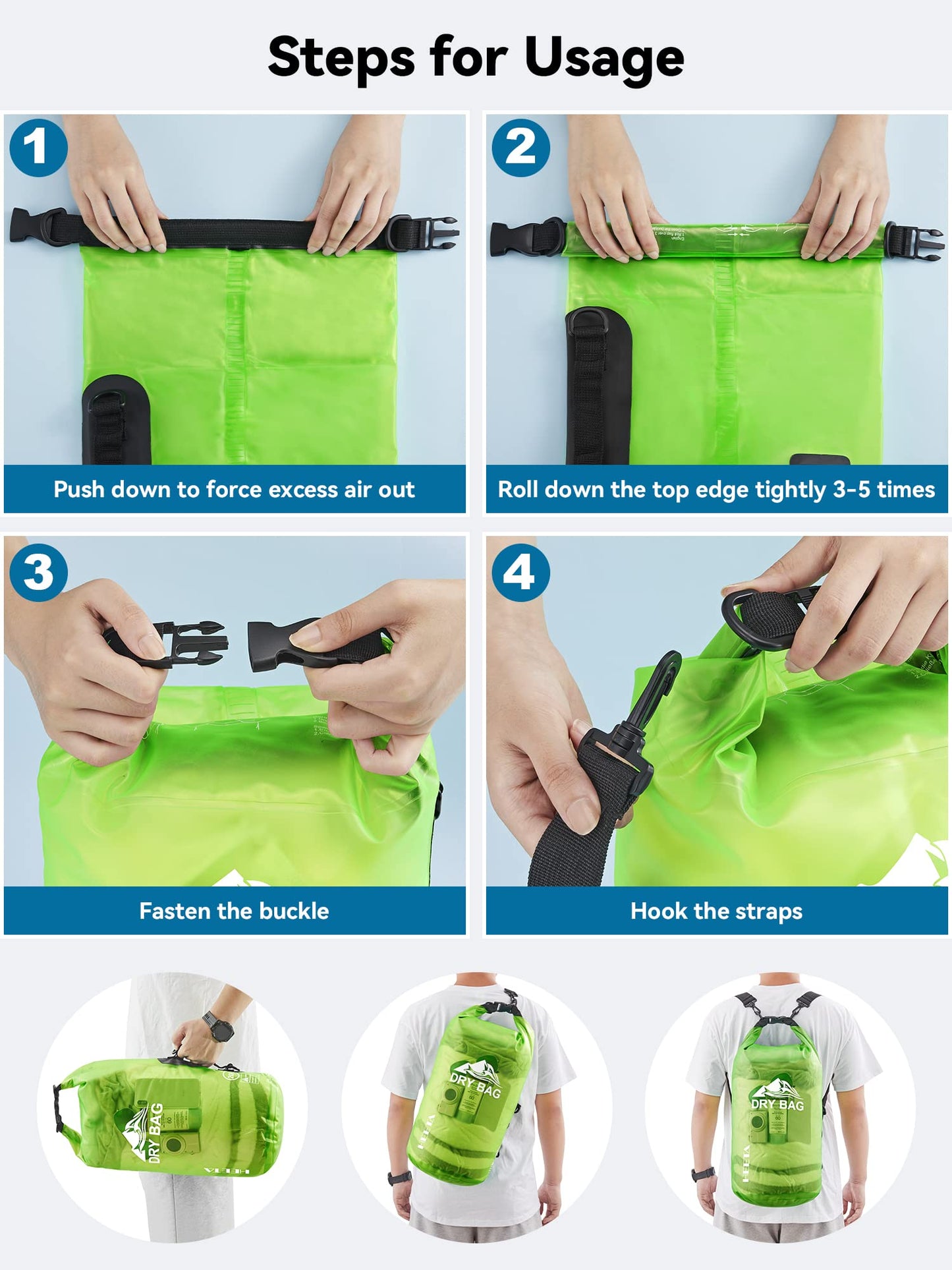 HEETA Dry Bag Waterproof for Women Men, Roll Top Lightweight Dry Storage Bag Backpack with Phone Case for Travel Swimming Boating Kayaking Paddle Board Camping Beach Accessories (Lemon Green, 20L)