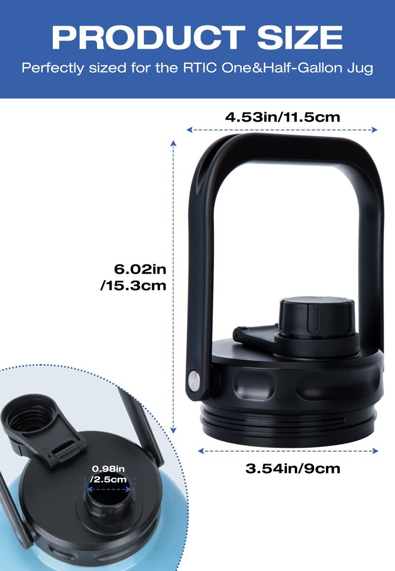 SUNMON Replacement Lid for RTIC Water Bottle - Steel Handle RTIC Lid Compatible with 1 Gallon (128oz) & 0.5 Gallon (64oz), BPA-Free Leakproof Jug Cover