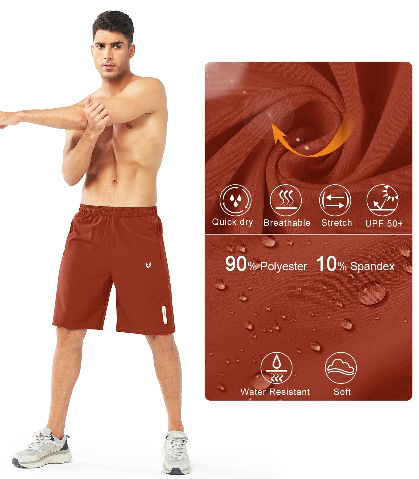 NORTHYARD Men's Athletic Running Shorts Gym Workout 7"/9"/5" Quick Dry Lightweight Sports Basketball Tennis 3 Zipper Pockets REDCLAY-9inch M