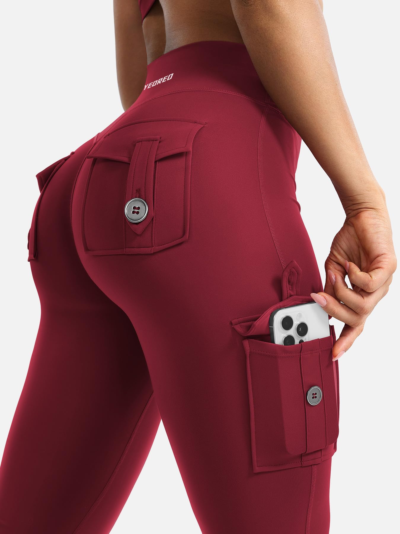 YEOREO CoreFlex Women Workout Flare Leggings with Pockets Hidden Scrunch Cargo Gym Yoga No Front Seam Leggings Wine XL