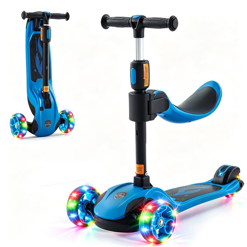 GLAMUP 3-Wheel Scooter for Kids, 2-in-1 Folding Kick Scooter with Removable Seat, Adjustable Height & Safety Lock, Lean-to-Steer, LED Light-Up Wheels for Boys and Girls Ages 3-14, Blue