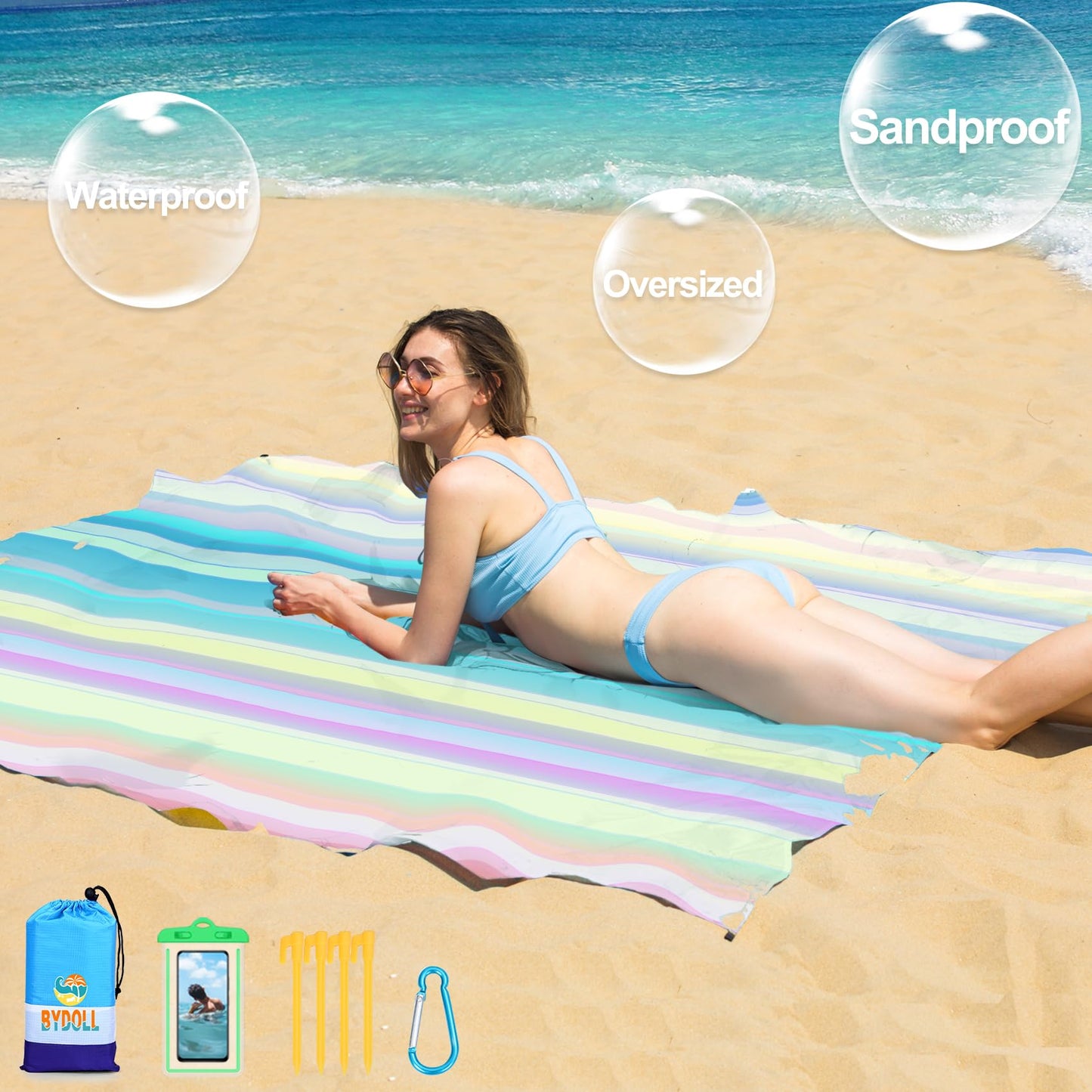 BYDOLL Beach Blanket 78''×81'' 1-5 Adults Oversized Lightweight Waterproof Sandproof Beach Blanket Large Picnic Mat Beach Blanket for Beach Travel Camping Hiking Picnic