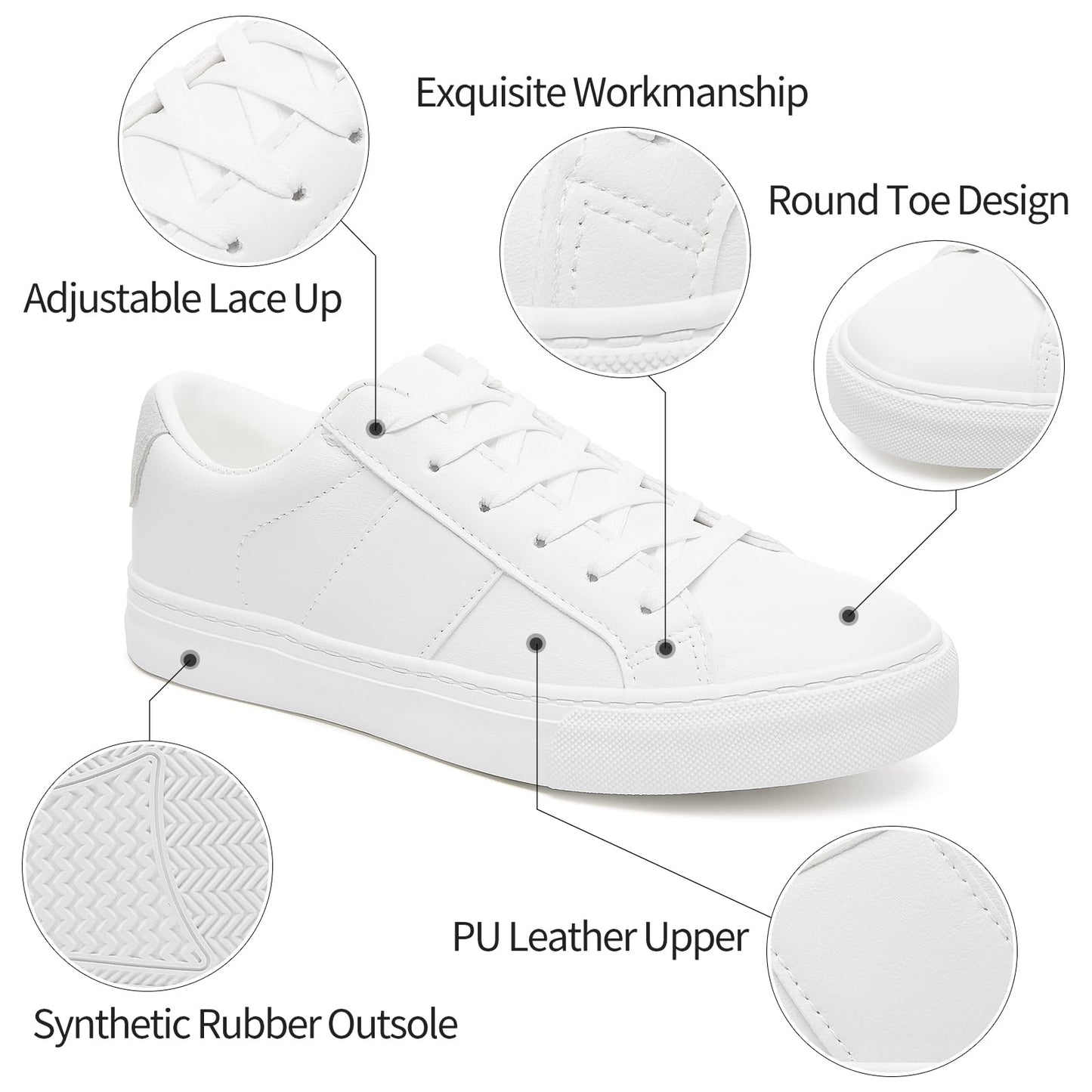 Adokoo Women's Fashion Sneakers PU Leather Casual Shoes White Tennis Low Top Shoes Womens Lace Up Sneakers(White,US8)