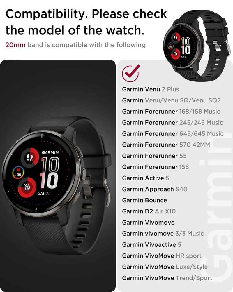 Miimall [3 Pack] Silicone Band for Garmin Vivoactive 6/5/3 Music/570 42mm, Forerunner 55/165, Venu/Venu Sq/2 Plus, 20mm Thin Rugged Strap for Vivomove Sport/Trend, Forerunner 645(White+Grey+Black)