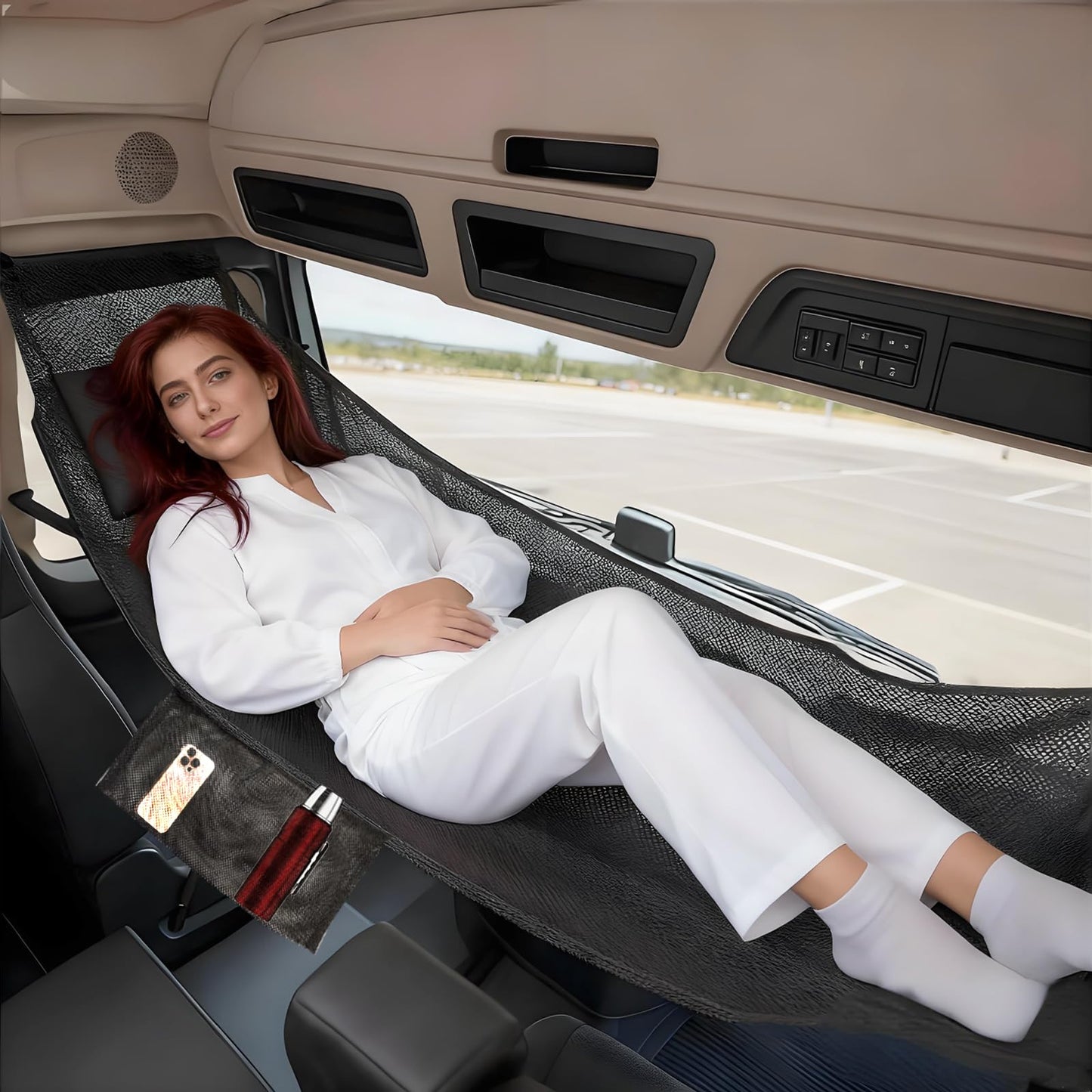 Day Cab Bed Semi Truck Hammock with Phone Bag, Truck Bed Sleeping Platform & Bus Hammock, Maximum 400LB, Gift for Truck Driver