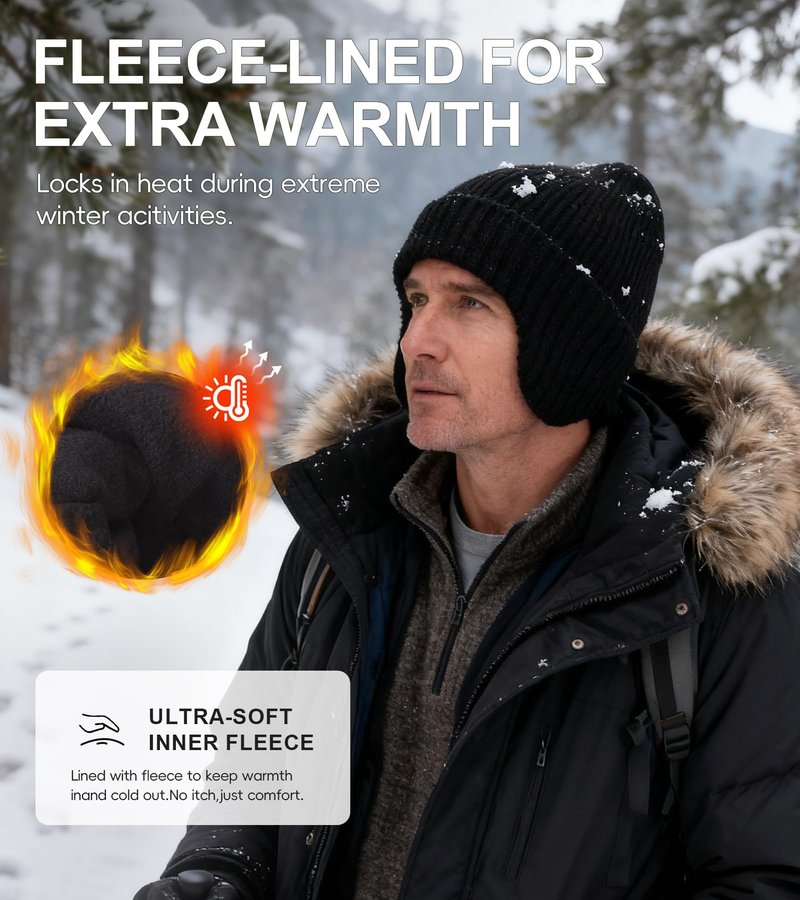 ZTL Unisex Merino Wool Beanie Hat with Ear Flaps Waterproof Windproof Warm Fleece Lined Winter Hat, Thermal Knitted Ski Cap for Women Men Black