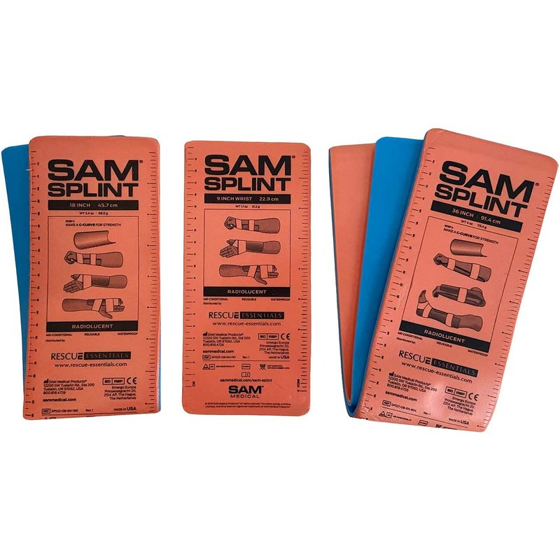 Rescue Essentials SAM Splint 3X Combo Pack – Moldable Aluminum Foam Splint for Fractures, Sprains & Strains – Lightweight, Reusable, Radiolucent Emergency Splint Set (1 Each 4.25" x 9", 18", 36"), Orange/Blue – Professional First Aid Immobilization