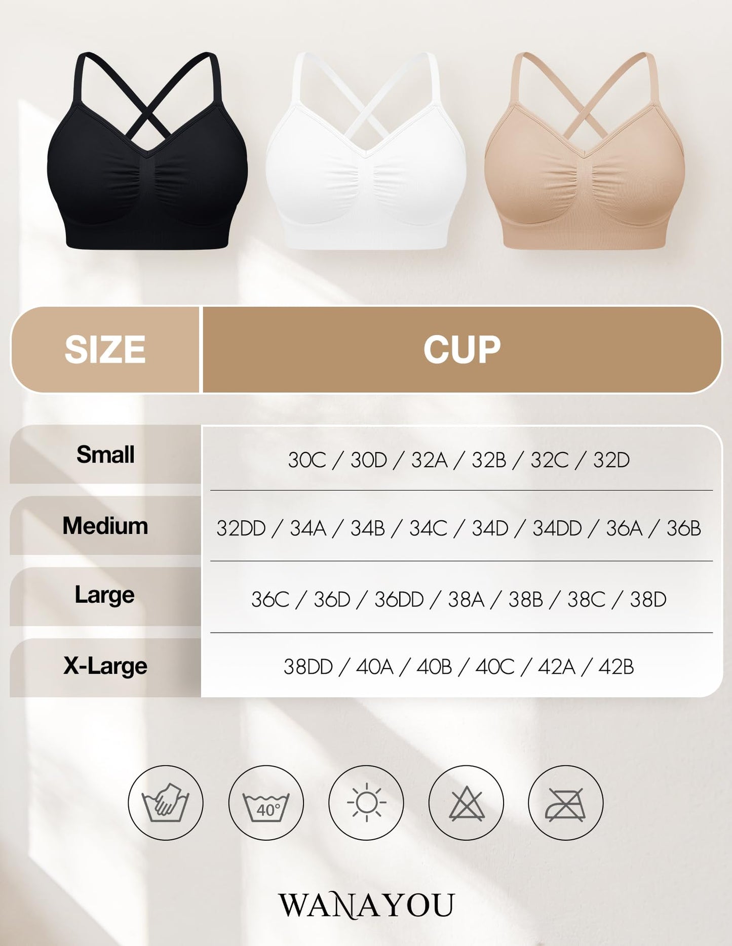 WANAYOU Bralettes for Women with Support Bras for Women Wireless Bras Compfortable No Underwire Push Up Padded Bra Seamless Soft Supportive Everyday Bras V Neck Ajustable T shirt Bra 3 Pack