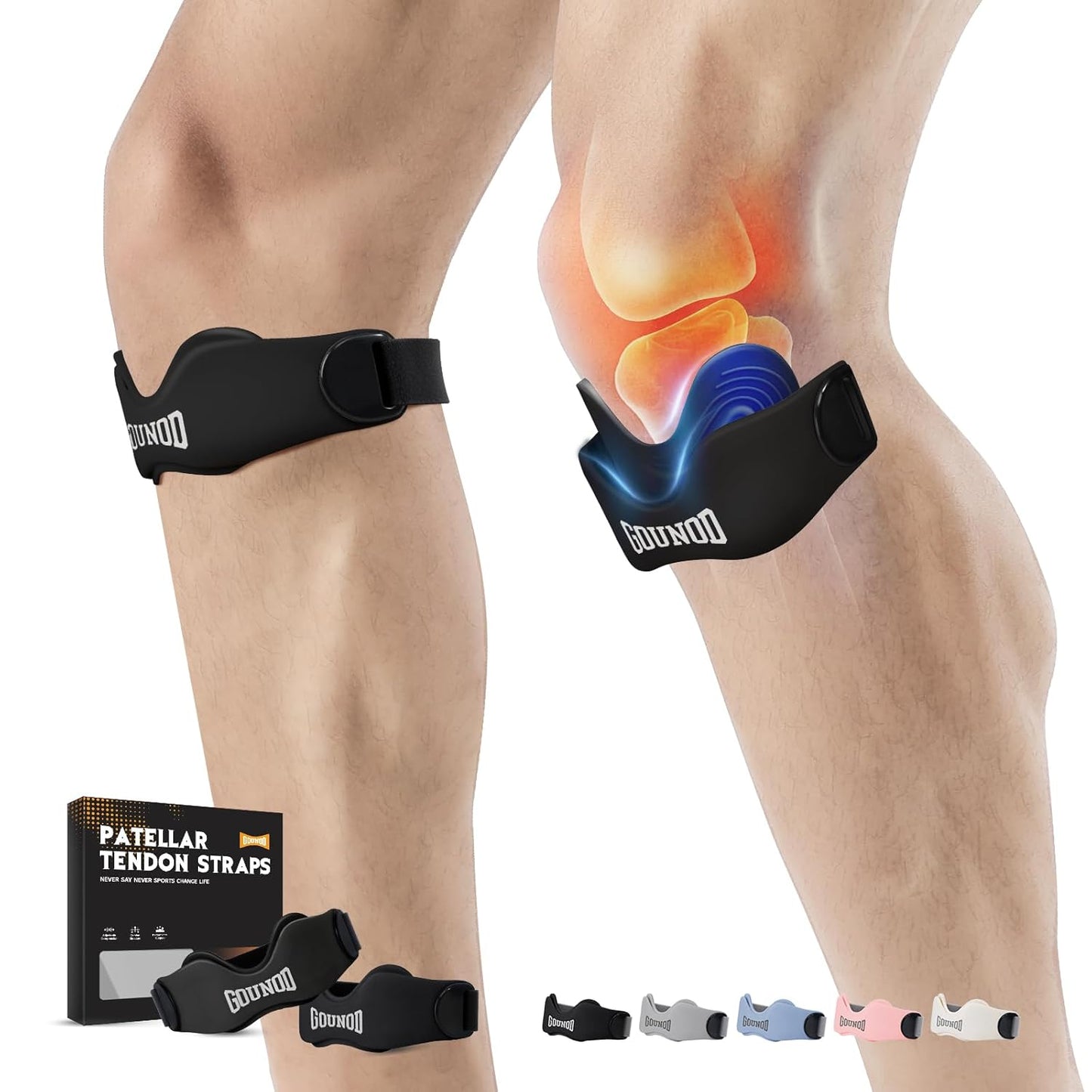 Patellar Tendon Support Strap - Silicone Knee Brace for Pain Relief | 2 Pack, Black for Sports & Activities