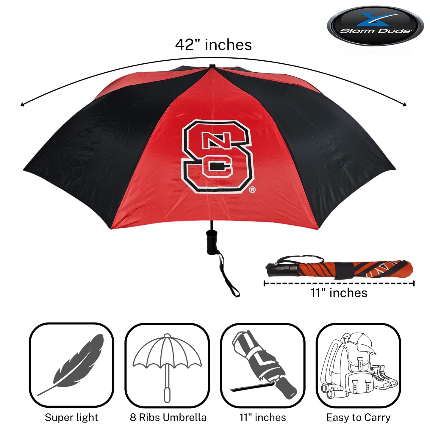 Storm Duds Ultra-Waterproof Sport Umbrella - North Carolina State Two Tone Black and Red - 48” Coverage w/Push Button Automatic Open - Flexible, Wind & Rust Resistant Folds to 17 Inches