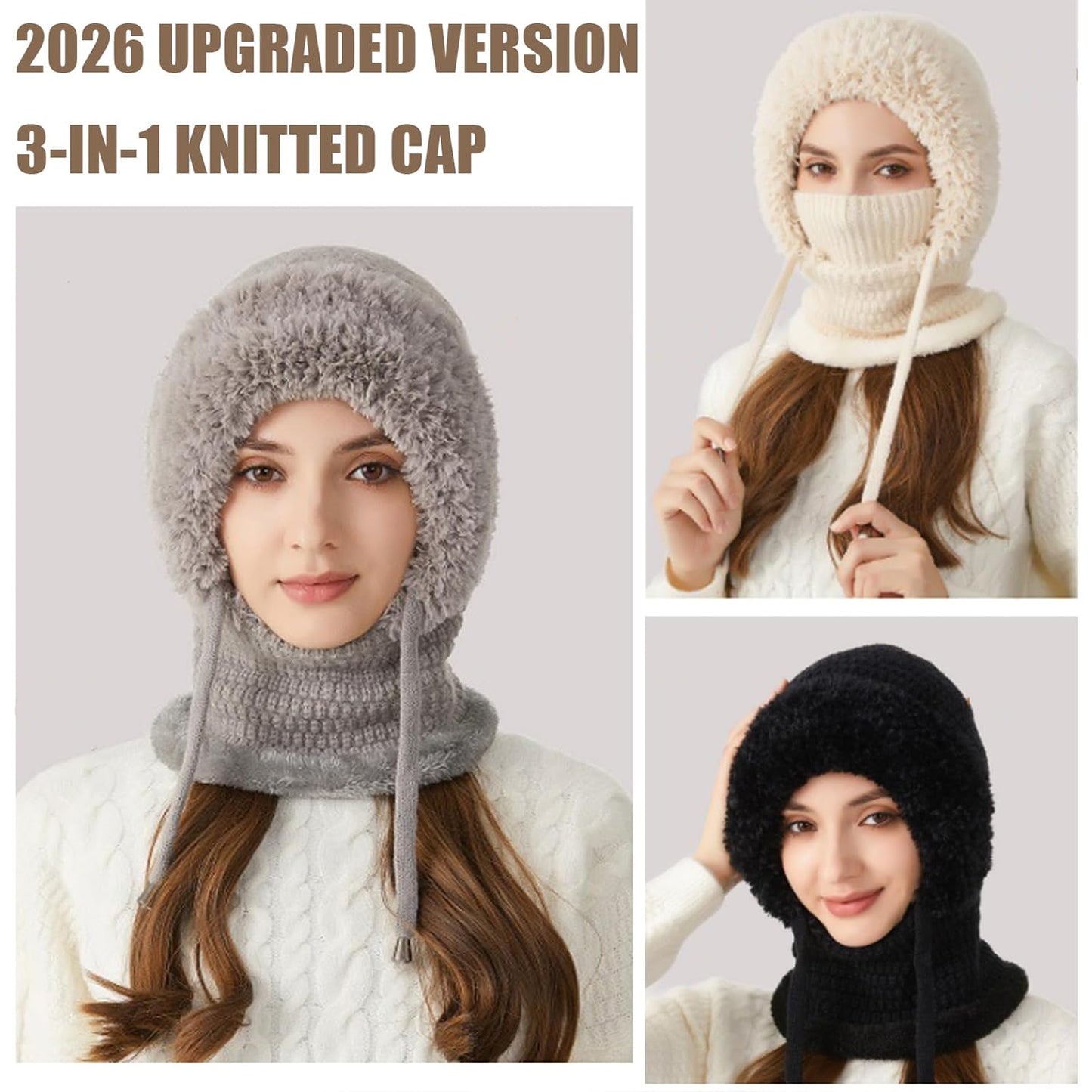 3 in 1 Beanie Hat with Scarf and Mask, Womens Balaclava Winter, Warm Knitted BeanieHat Fleece Scarf Mask Beige(Black)