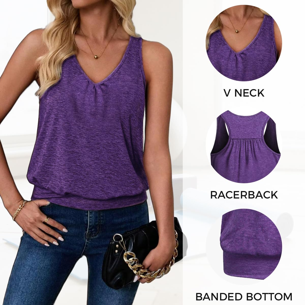 Wobity Shirts That Hide Belly Fat Running Tops Fat Girls V Neck Relaxed Fitted Pilates Tank Top Basic Breathable Wicking Sports Tee Shirt Summer Tanks Purple X-Large