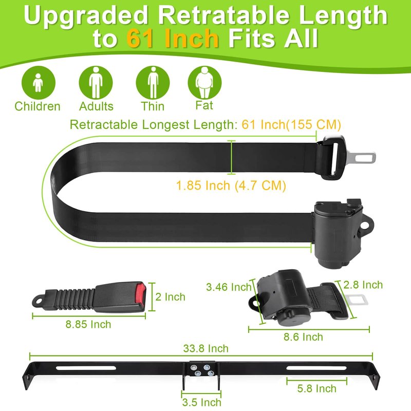 Retractable 61" DOT Golf Cart Seat Belts Kit Street Legal Universal for All Users Compatible for EZGO TXT Yamaha Club Car Golf Carts(NOT FIT 2 Passenger Club Car Precedent Yamaha G29 Drive EZGO RXV)