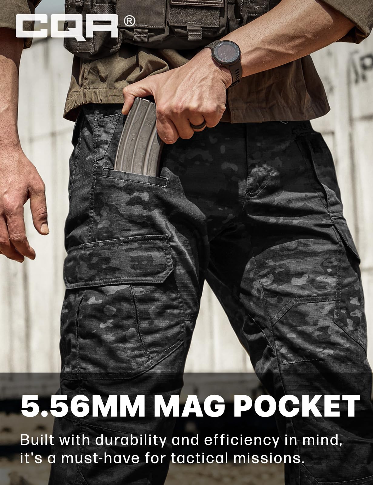 CQR Men's Tactical Pants, Water Resistant Ripstop Cargo Pants, Lightweight EDC Work Hiking Pants, Outdoor Apparel, Duratex Mag Pocket Print Utility Camo Black, 30W x 32L