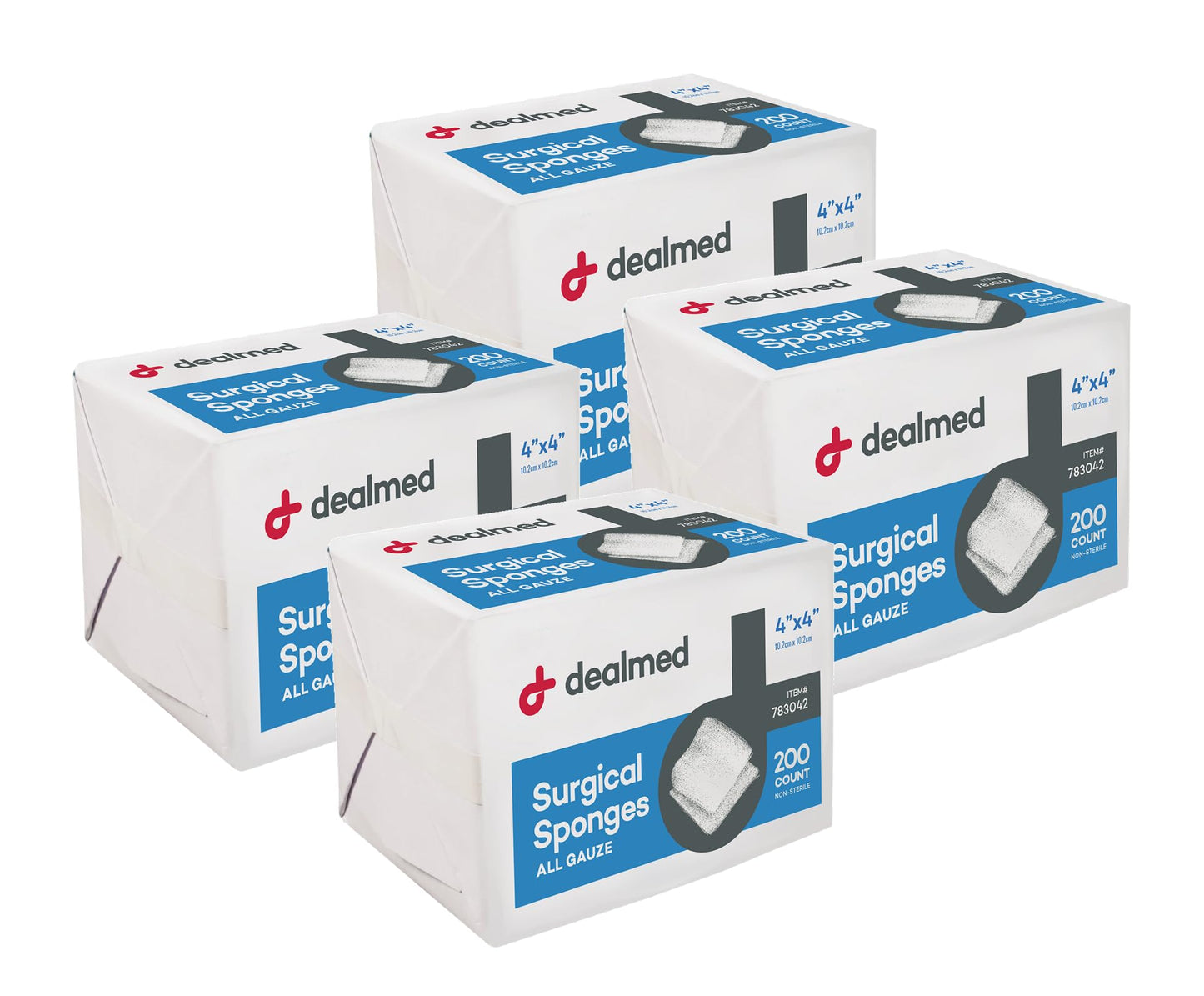 Dealmed 4" x 4" Surgical Sponges, 8-Ply, Non-Woven Absorbent Gauze Sponges for Wound Care, First Aid Kits and Medical Facilities, 200 Count (Pack of 4)