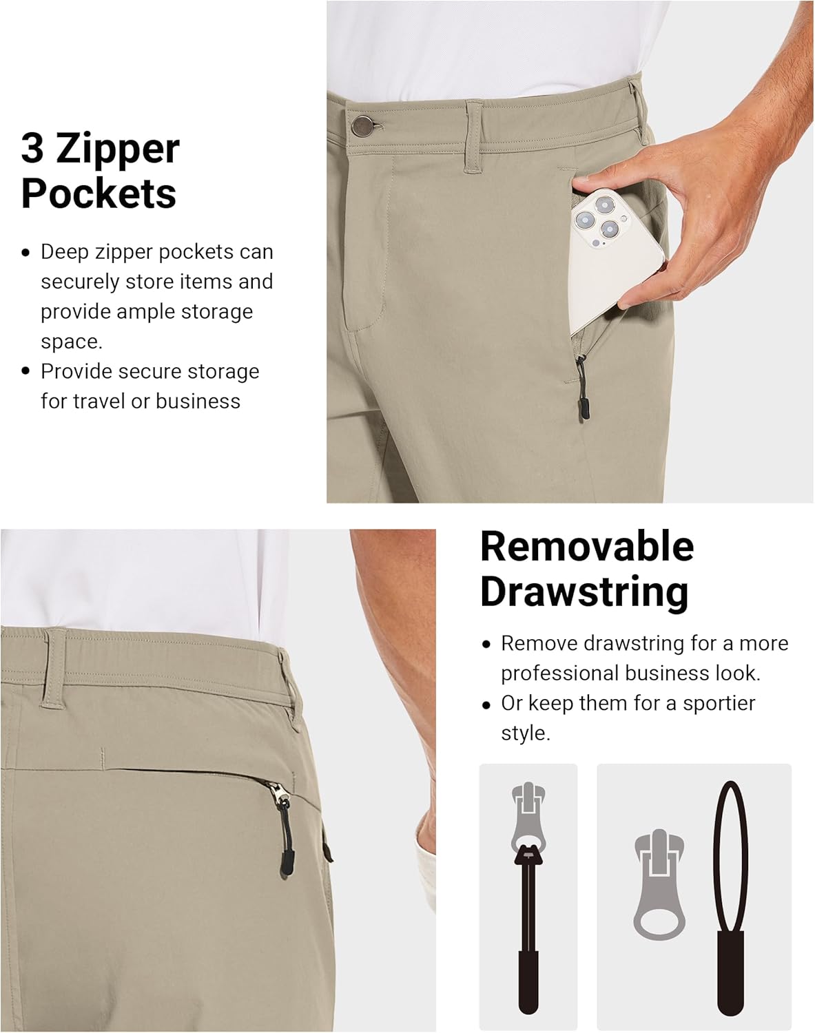 Golf Pants for Men - Lightweight Stretch Slim Fit Hiking Trousers with Zipper Pockets | Casual Tapered Design