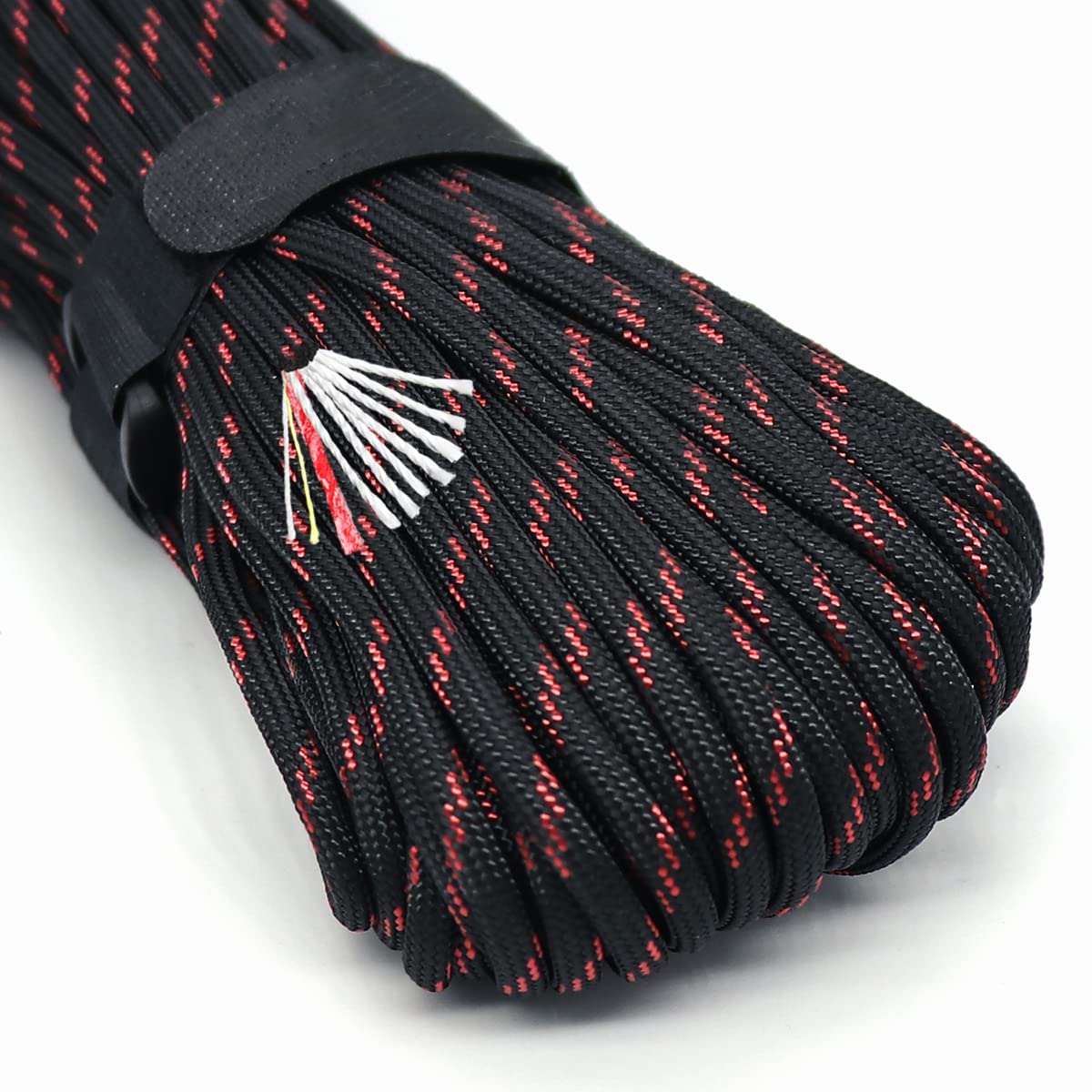 Survival Paracord Rope PSKOOK 100 Feet Fire Starter Parachute Cord 7-Strand Nylon with Red Tinder Cord PE Fishing Line Cotton Thread for Outdoor Lanyards, Bracelets, Handle Wraps (Black Red)