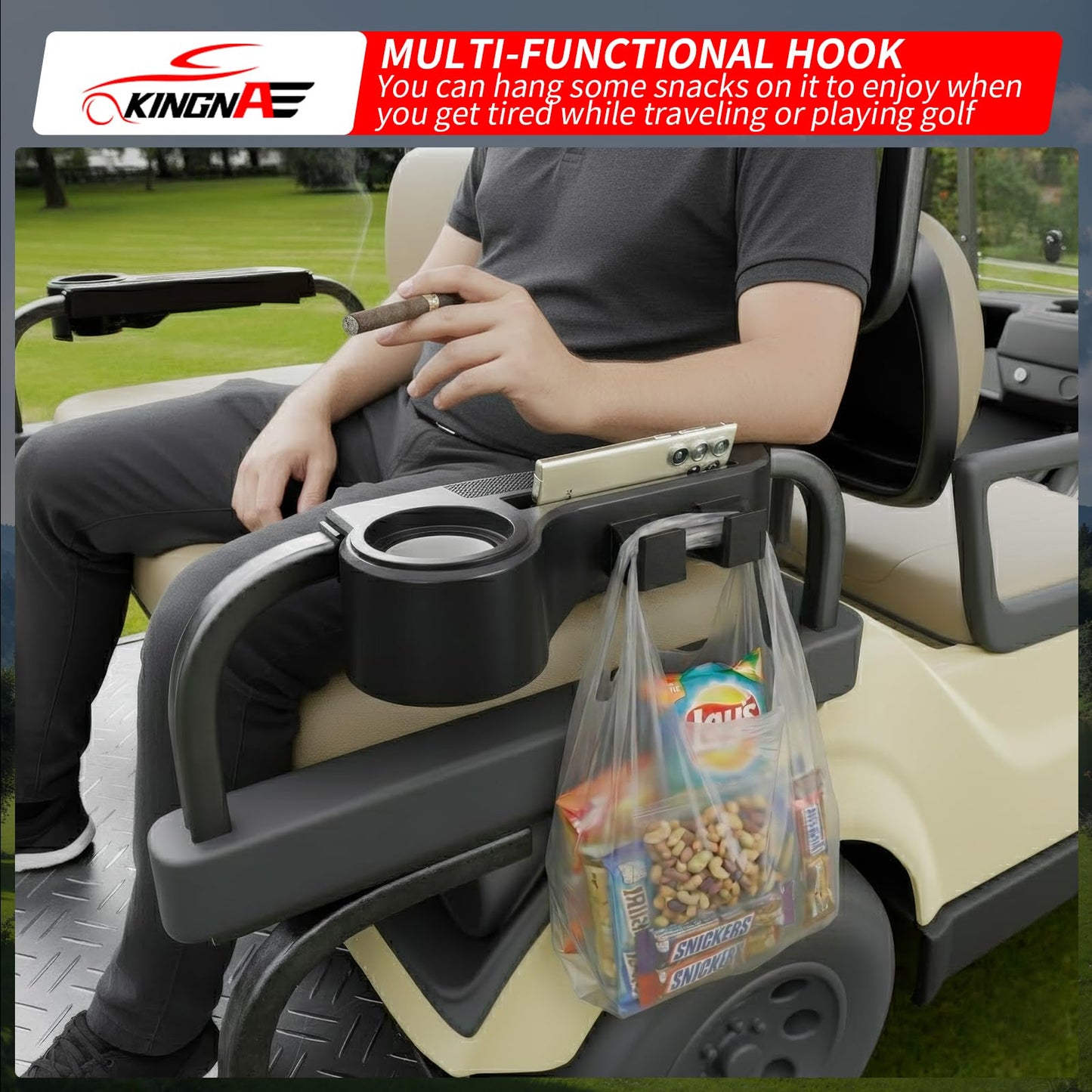 Kingna Golf Cart Armrest Equipped with Cigar Rest Cup Holder Phone Holder Universal Fit for EZGO/Club Car/Yamaha and More, Fit 1.0" or 1-1/4" Square Tube Frame (A Tasteful Addition to Your Ride)