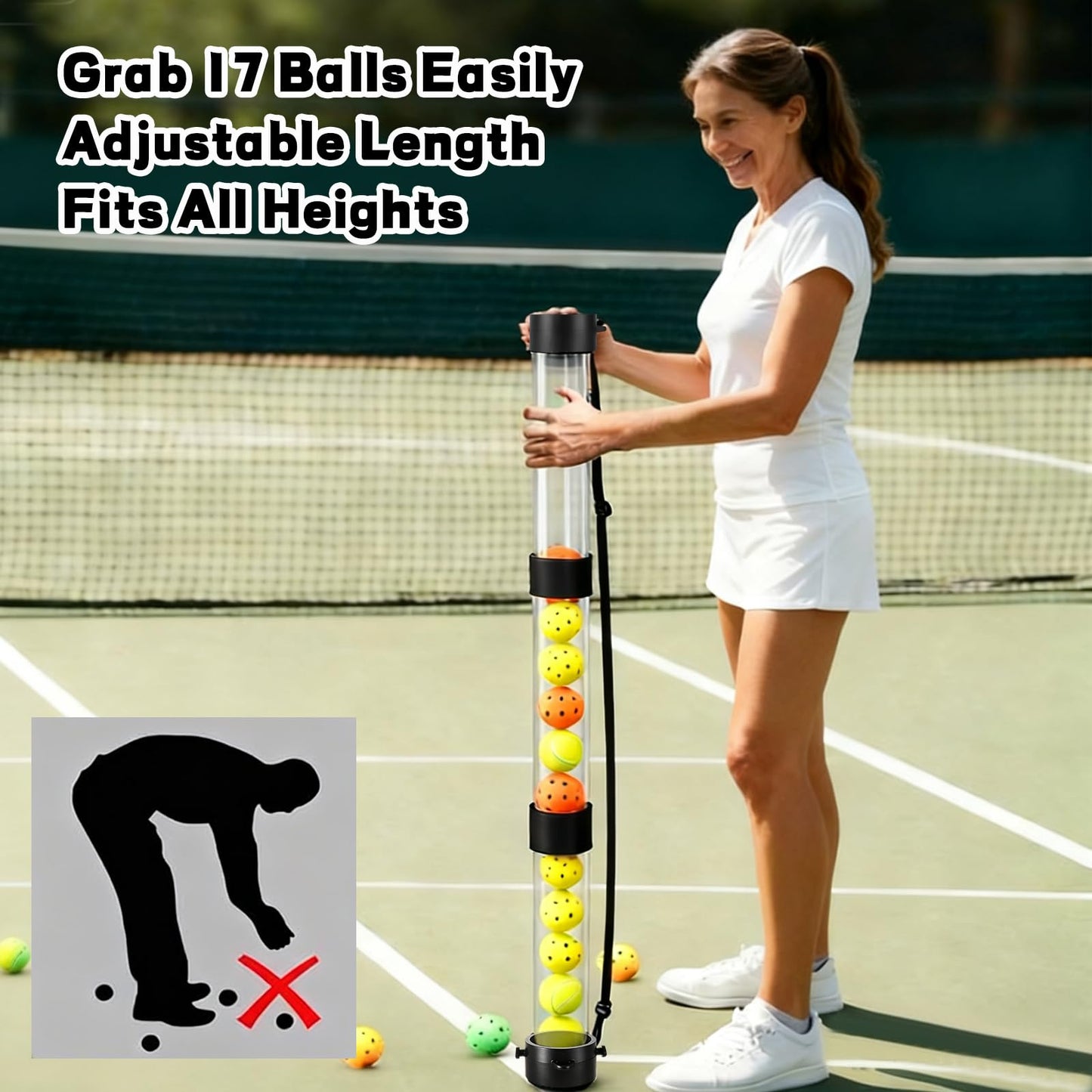 LOLYSIC Pickleball Ball Retriever 17 Ball Pickleball Tube Ball Pickup Tennis Ball Tube with Shoulder Strap, Easy Pickup Portable Pickleballs Balls Holder