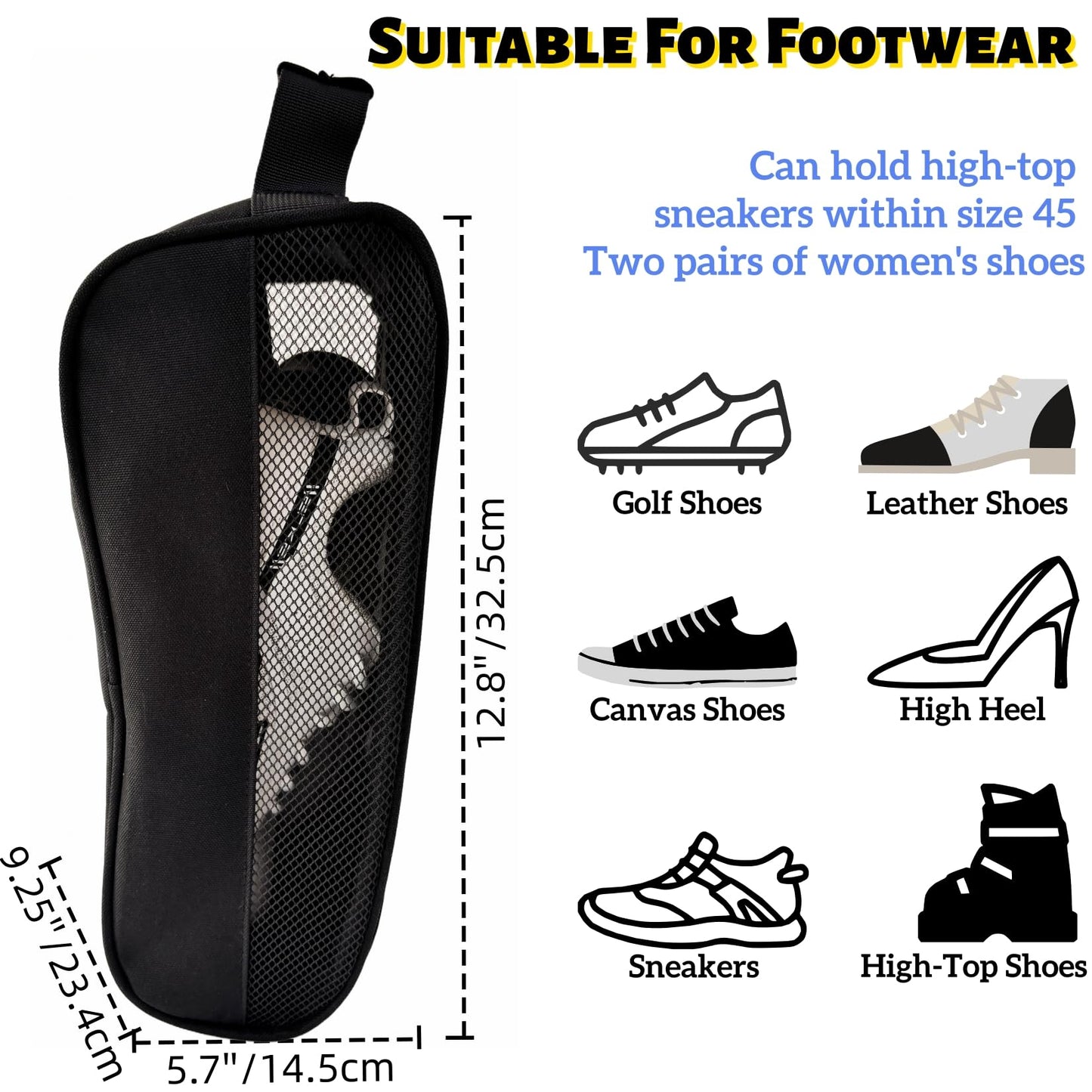 Voyboced Golf Shoe Bag for Men women Travel,Outdoor Zippered Sports Shoe Carrier Tote with Ventilation,Waterproof & Breathable Protective Shoe Storage Pouch for Women (Black)