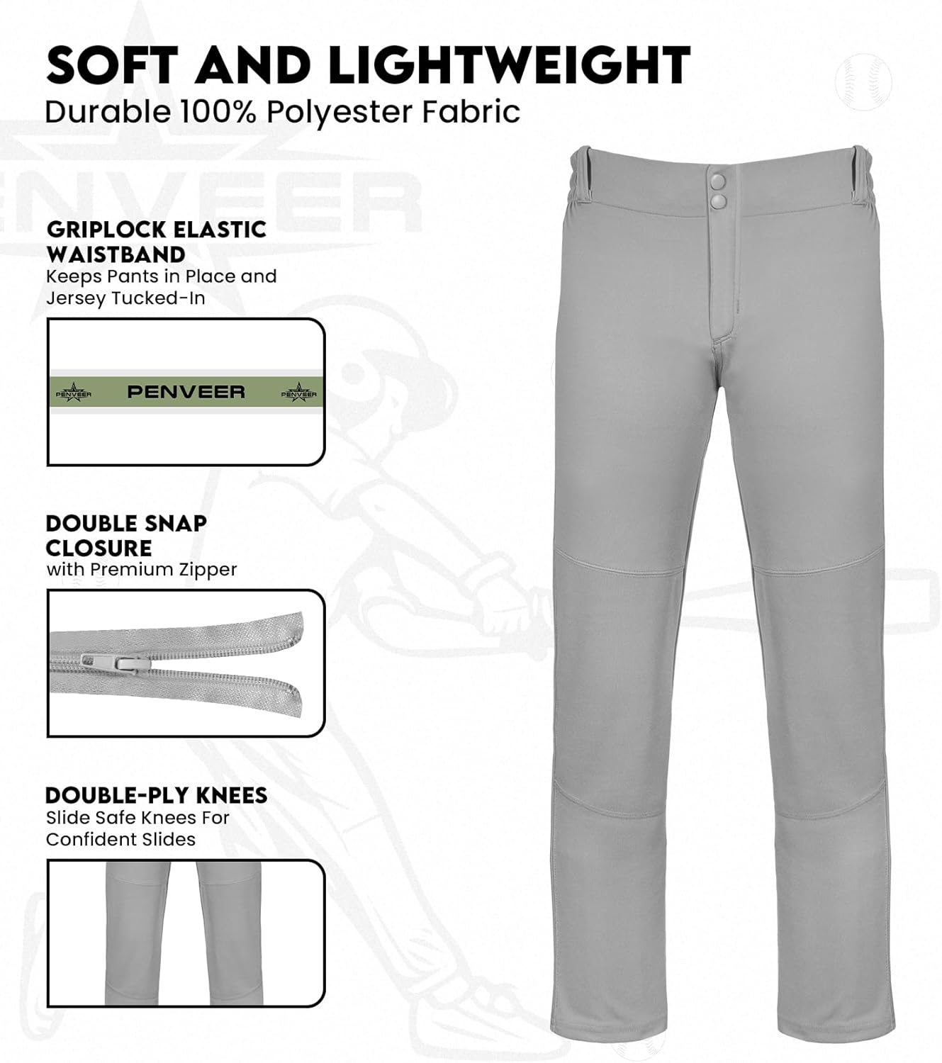 Youth Baseball Pants - Full Length Open Bottom Design for Boys | Durable Snap Closure & Softball/T-Ball Fit
