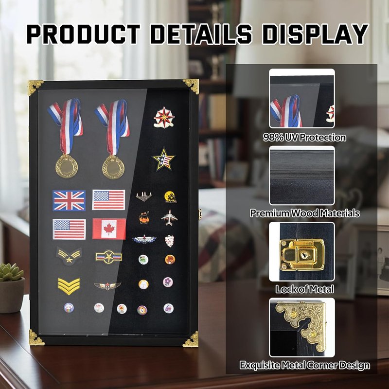 Large Pin Display Case - 25" X 16" with LED Lights & UV Protection | Black Acrylic for Medals & Collectibles