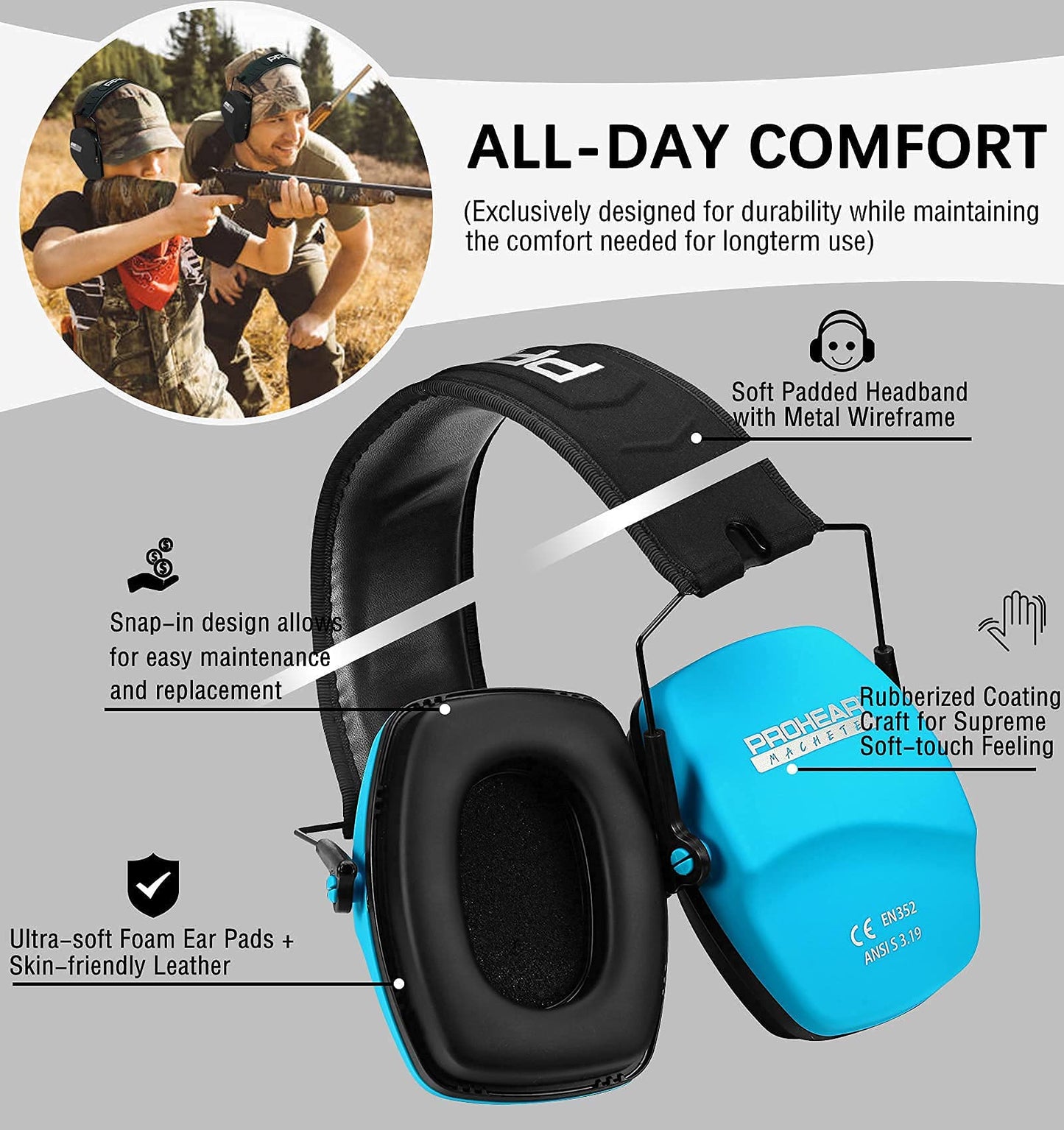 PROHEAR 016 Ear Protection Safety Earmuffs for Shooting, NRR 26dB Noise Reduction Slim Passive Hearing Protector with Low-Profile Earcups, Compact Foldable Ear Defenders for Gun Range, Hunting (Blue)