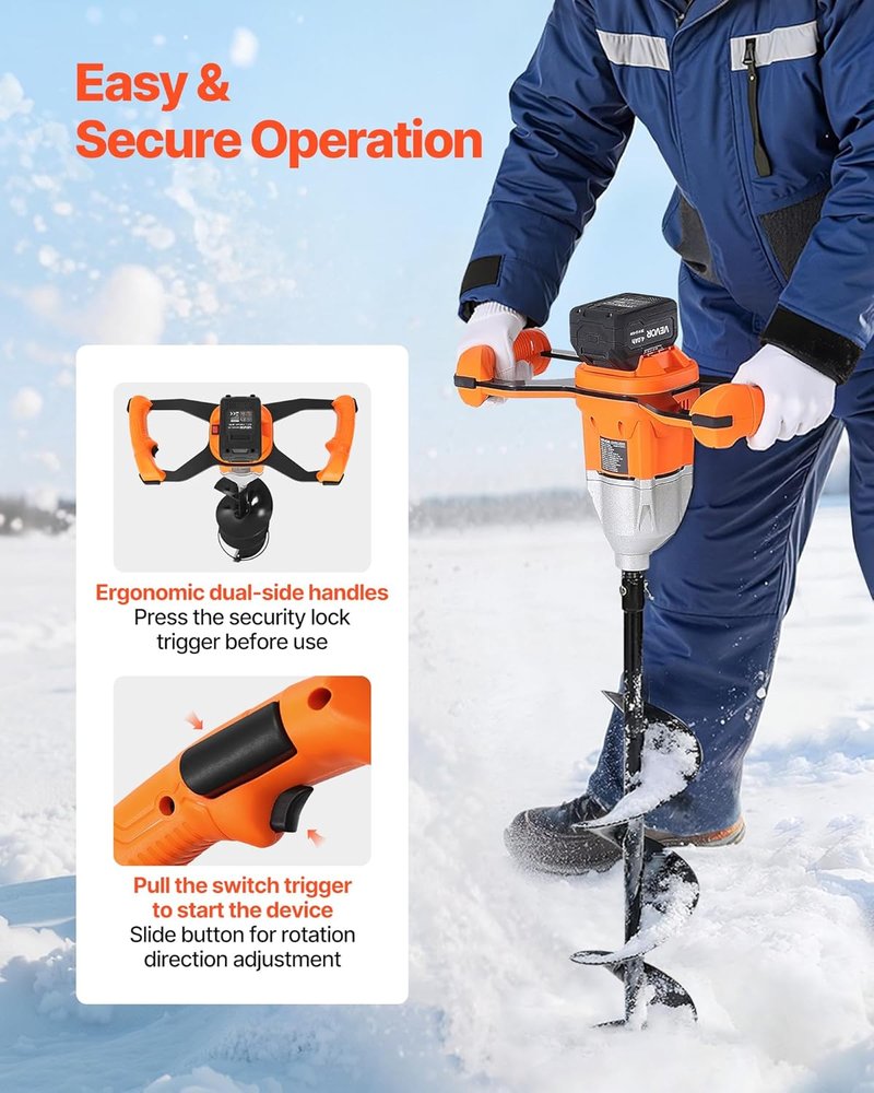 VEVOR Electric Ice Auger - 8 Inch Diameter, 20V/40V Battery Powered, Turbo Cutting System | 2-in-1 Ice Fishing & Earth Auger