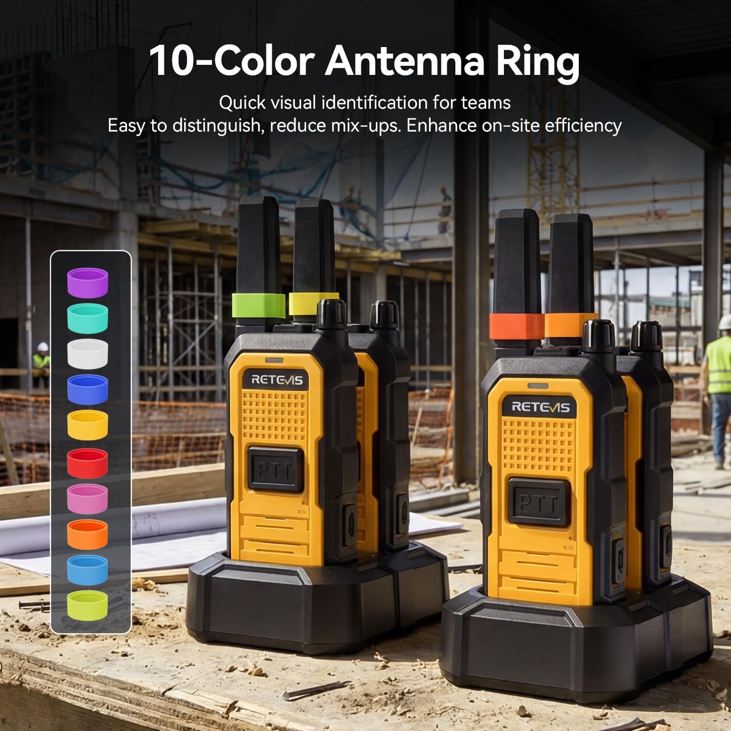 Retevis RB48A Heavy-Duty Waterproof Walkie Talkies, Rugged & Shockproof Two Way Radios Long Range, IP67, Noise Reduction, Oversized Front PTT, 23-Hour Battery, Antenna ID Rings, NOAA (4 Pack)