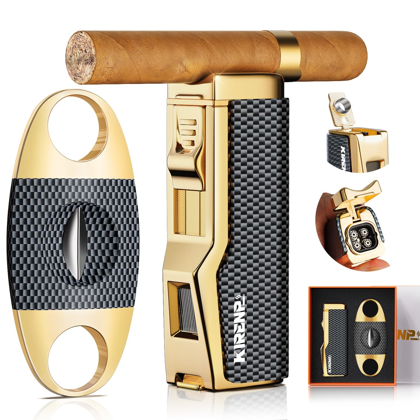 Kirenp Butane Torch Lighter and Cutter Set, with Quad Jet Flames (without Butane Fuel (Lighter & V Cutter Set), Carbon Fiber Gold