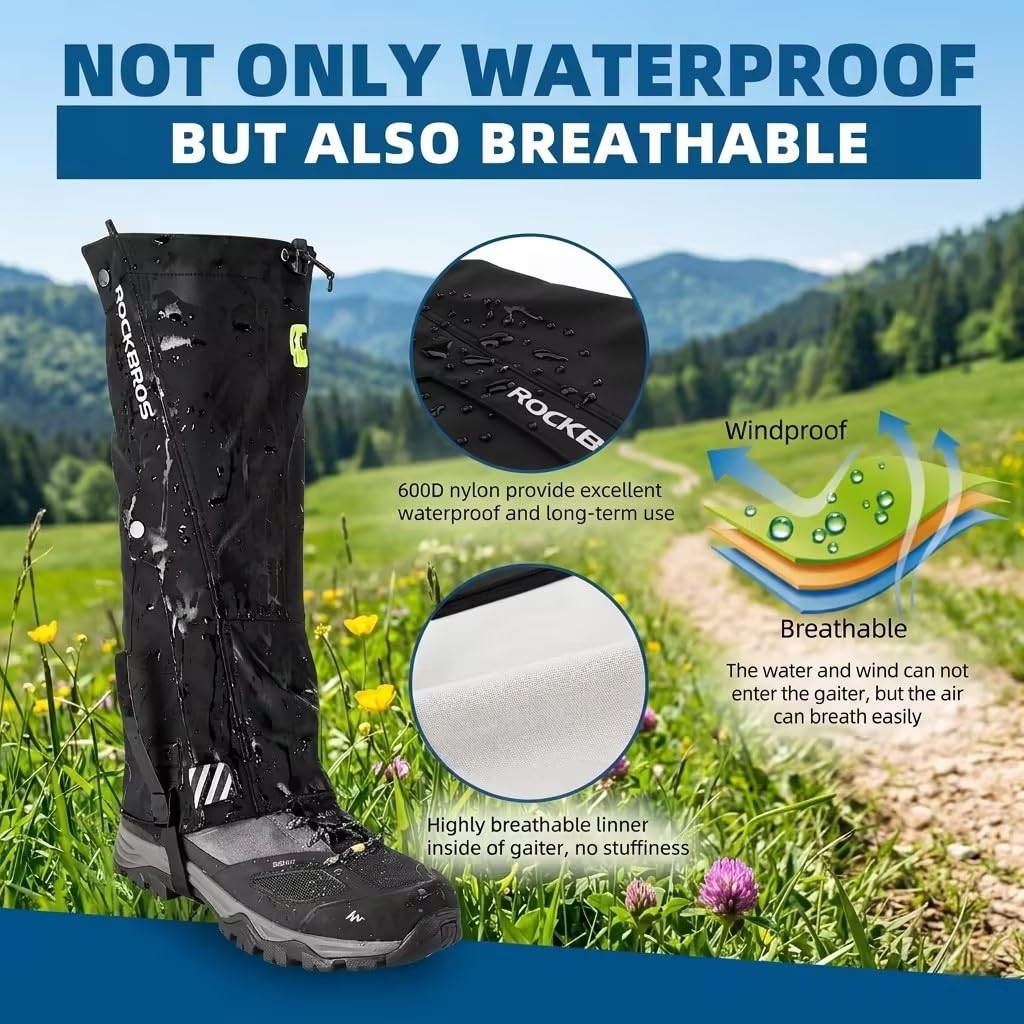 ROCKBROS Snow Boot Leg Gaiters for Hiking Waterproof Leg Gaiter for Skiing Walking Snow Boot Gaiters Tear Resistant Adjustable Gaiters