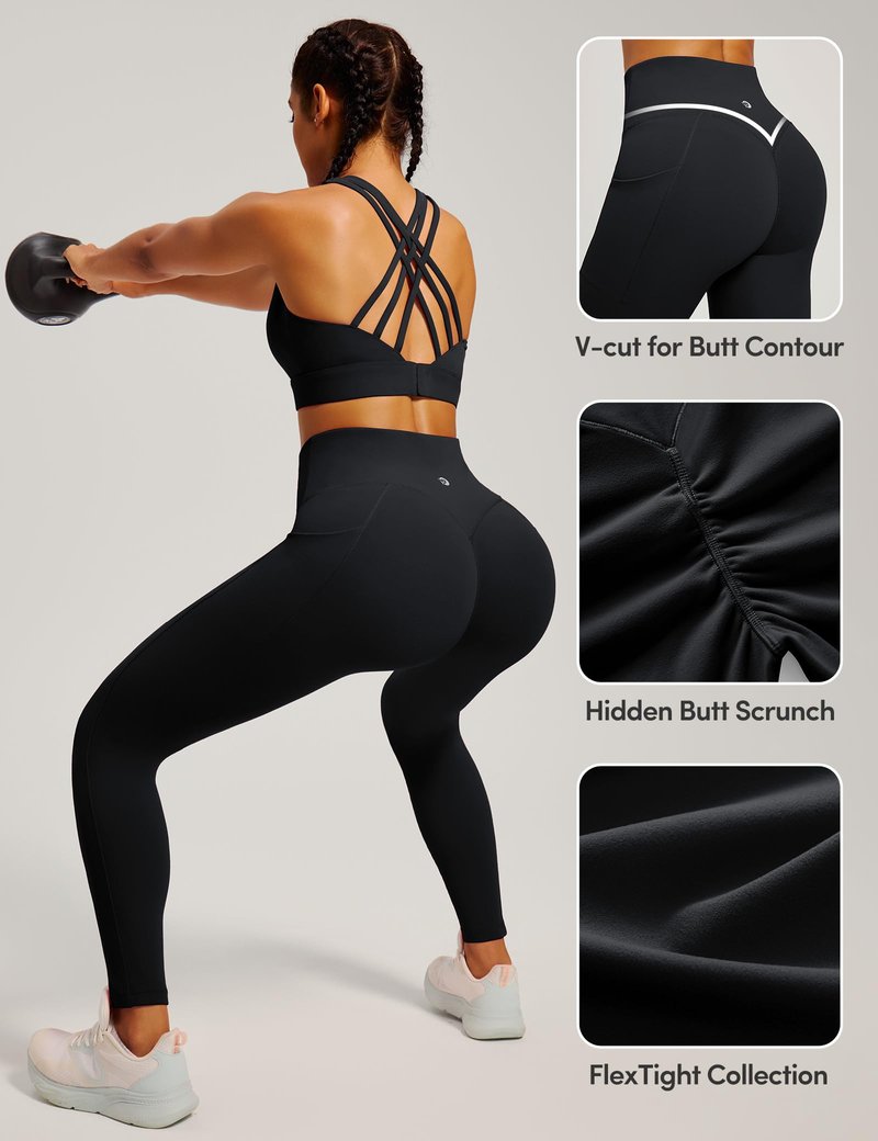 IUGA Womens Hidden Scrunch Butt Lifting Leggings Compression Gym Leggings with Pockets Booty Workout Yoga Pants Tummy Control Black