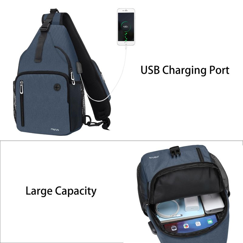 MOSISO Sling Backpack Bag, Crossbody Shoulder Bag Travel Hiking Daypack Chest Bag with Front Square Pocket&USB Charging Port, Haze Blue